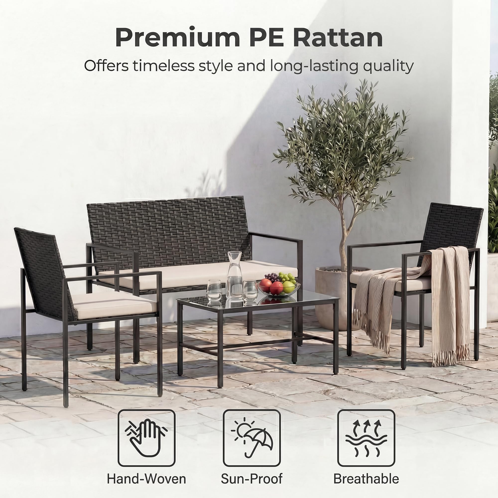 SOARS Conjunto de Jardin Exterior de Ratán de 4 Piezas, Mesa de Centro de Cristal Templado con 2 Sillas, Sofá de 2 Plazas y Cojines Mullidos, Muebles de Jardín para Patio, Terraza, Balcón (Beige)