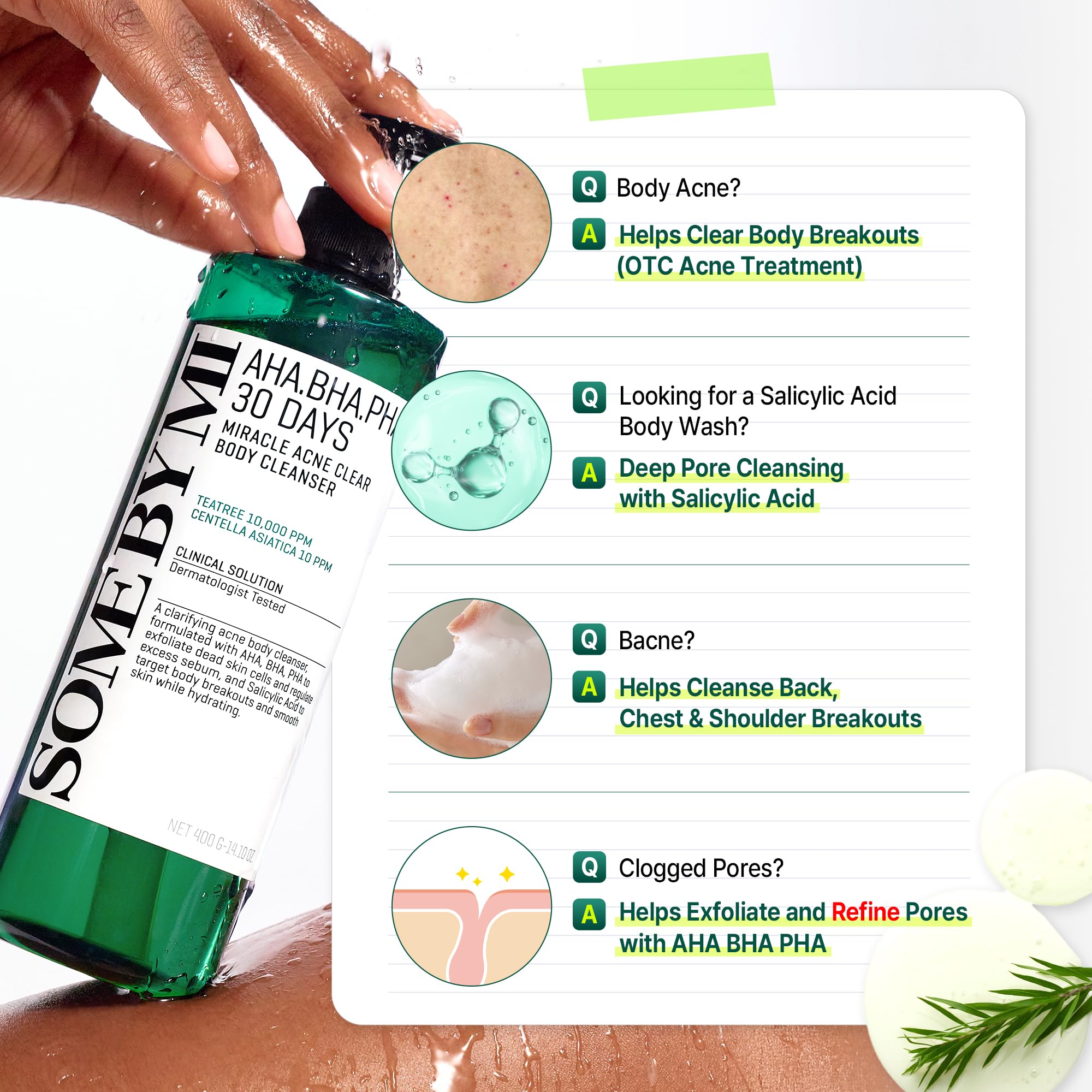 SOME BY MI AHA BHA PHA 30 Days Miracle Acne Clear Body Cleanser – 400ml – Detergente corpo quotidiano coreano con tea tree – Purifica il sebo e le impurità – Cura coreana