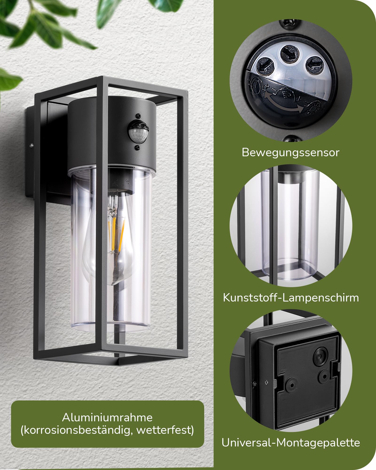 EDISHINE Zewnętrzna lampa ścienna z czujnikiem ruchu, gniazdo E27, wodoodporna IP44, lampa ścienna z aluminium i szkła hartowanego do ogrodu, balkonu, tarasu, frontu, żarówki nie są dołączone, czarna