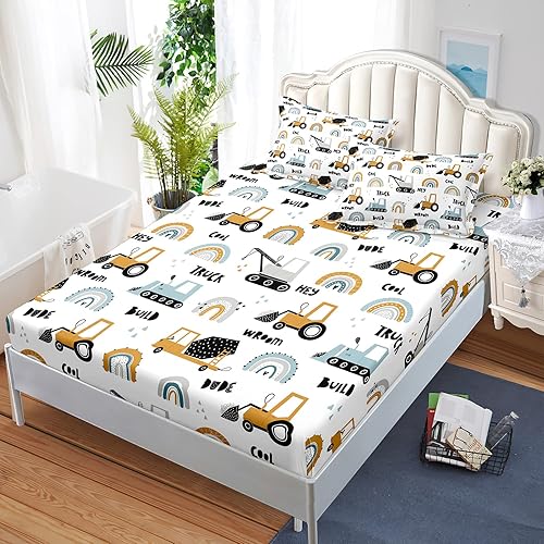 Miniatura 2 de BailiPromise Juego de sábanas de excavadora de dibujos animados para niños, adolescentes, juego de ropa de cama de construcción de camiones, tamaño