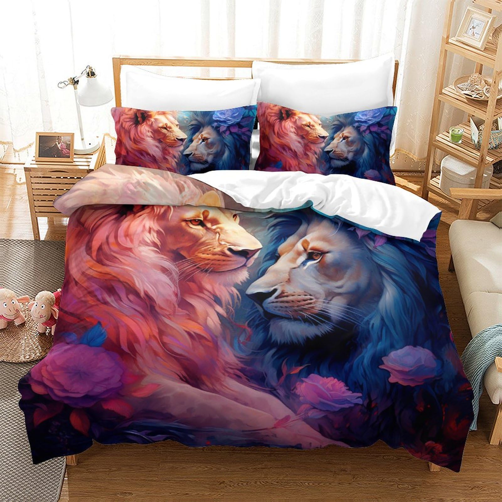 Housse de couette Lion 3D imprimé avec taie d'oreiller, parure de lit microfibre 220x240