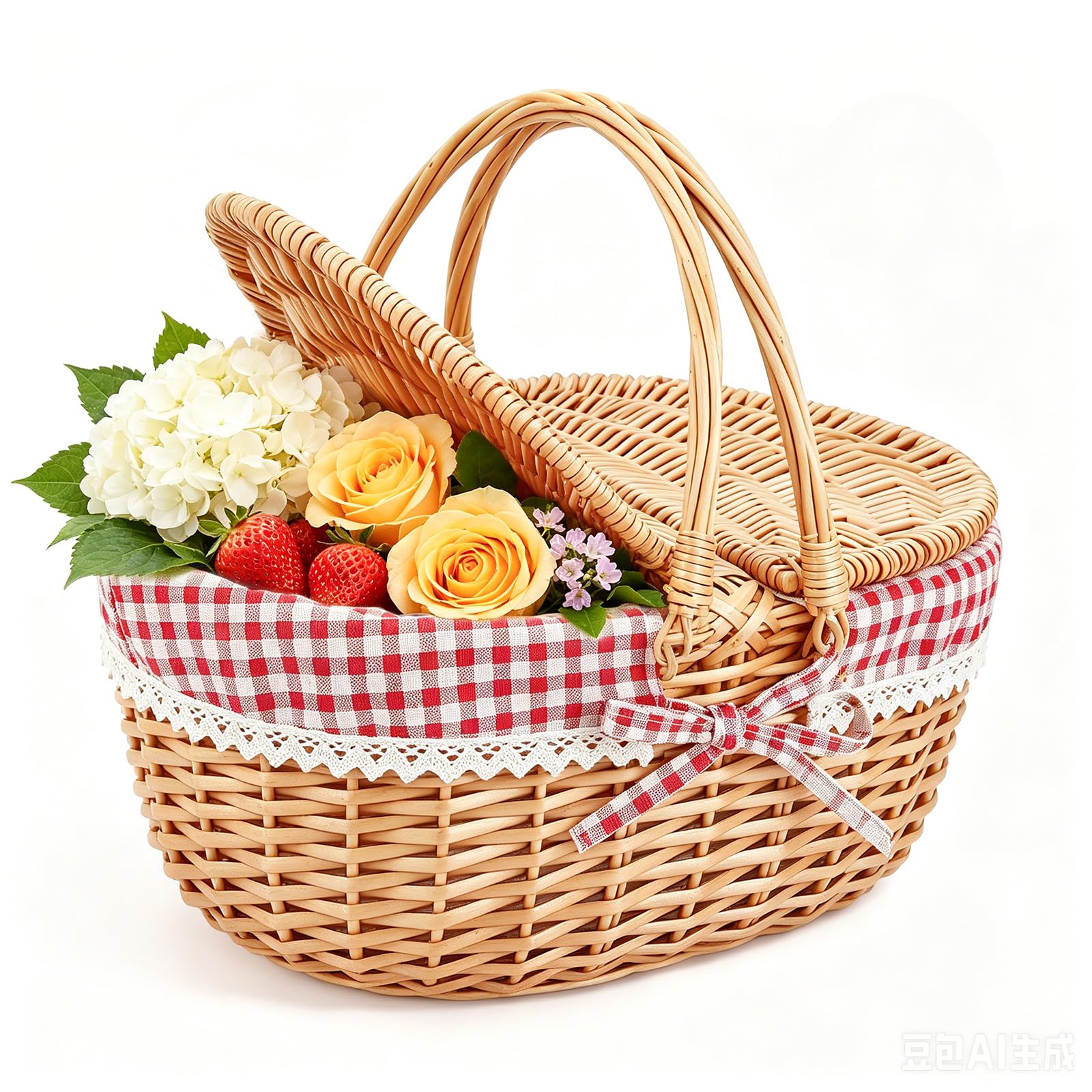 Panier Pique Nique,Panier de Pique-Nique en Osier avec Couvercle à Double Ouverture et Poignée Pliable, Panier Pique Nique Osier Le Camping et la Cueillette de Fruits(Rouge/40x34x19CM)