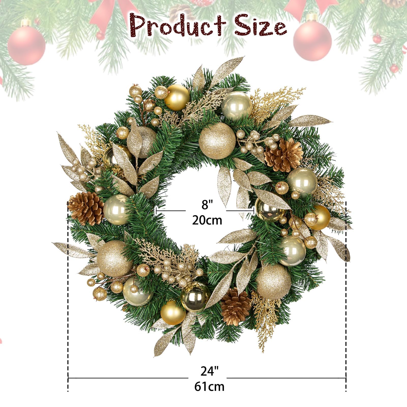 24 Inch Christmas Wreaths, Christmas Wreaths For Front Door With Balls Ornaments, Eucalyptus And Battery Operated LED Lights, Large Artificial Xmas Wreath With Timer For Outdoor Holiday Decor