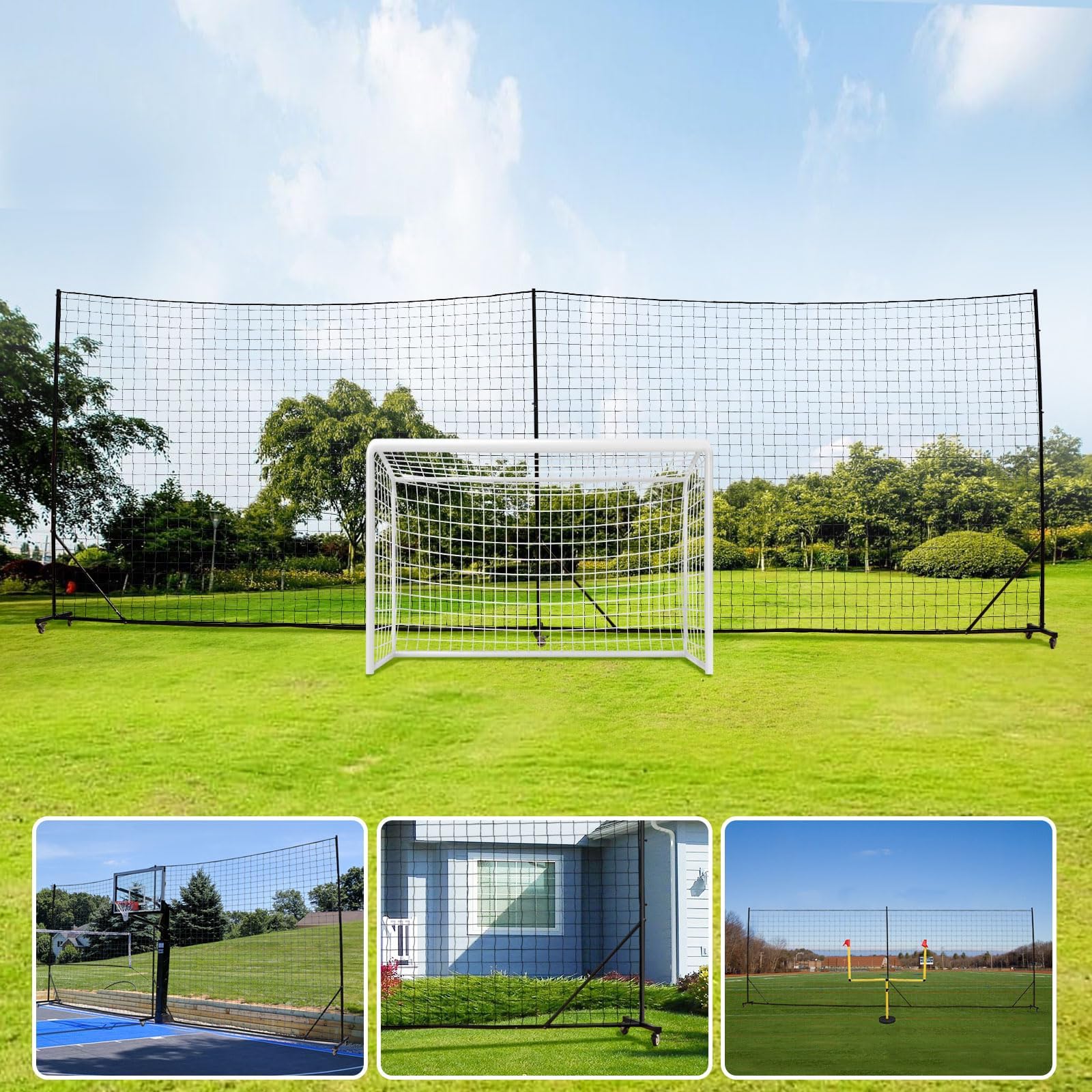 Ball Stop Net System with Wheels Movable Socketed Ball Stop Net Sports Netting Backyard 10FT to 12FT High Backstop Net for Barrier with Post from 10FT to 30FT Wide