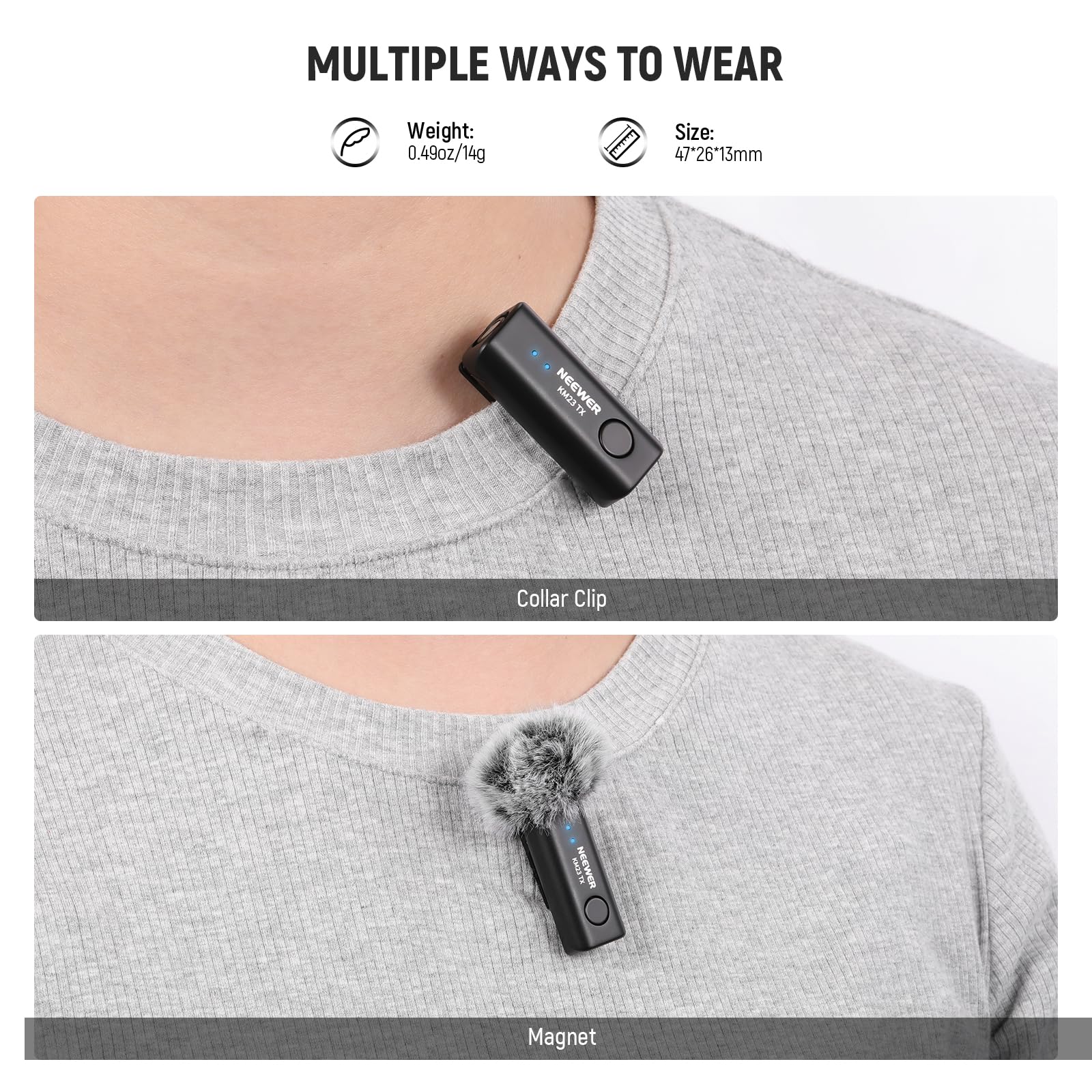 Neewer Lavalier Bezprzewodowy system mikrofonowy, 1 x odbiornik USB C z adapterem OTG i 1 x wielokierunkowy nadajnik pojemnościowy z redukcją szumów, kompatybilny z iPhone 16 Pro Max S24 Ultra, KM23