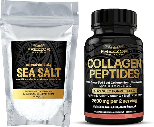 FREZZOR Paquete combinado de sal marina escamosa rica en minerales con colágeno hidrolizado FREZZOR fabricado en Nueva Zelanda, copos Kosher,
