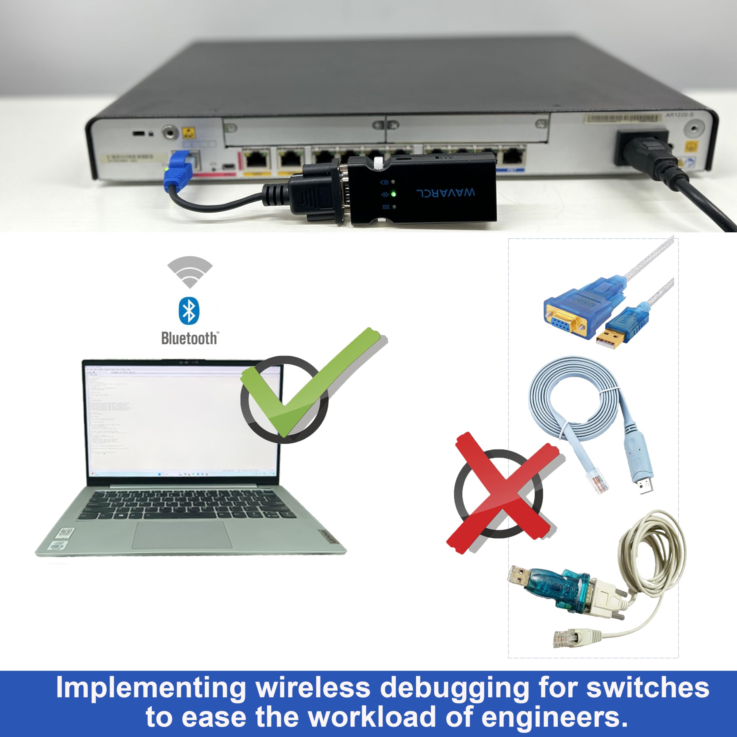 WAVARCL Adaptador Bluetooth serie RS232/RS-232 de largo alcance compatible con interfaz RJ45 de 9 pines, cable de consola compatible con Cisco, configuración inalámbrica de interruptores, enrutadores