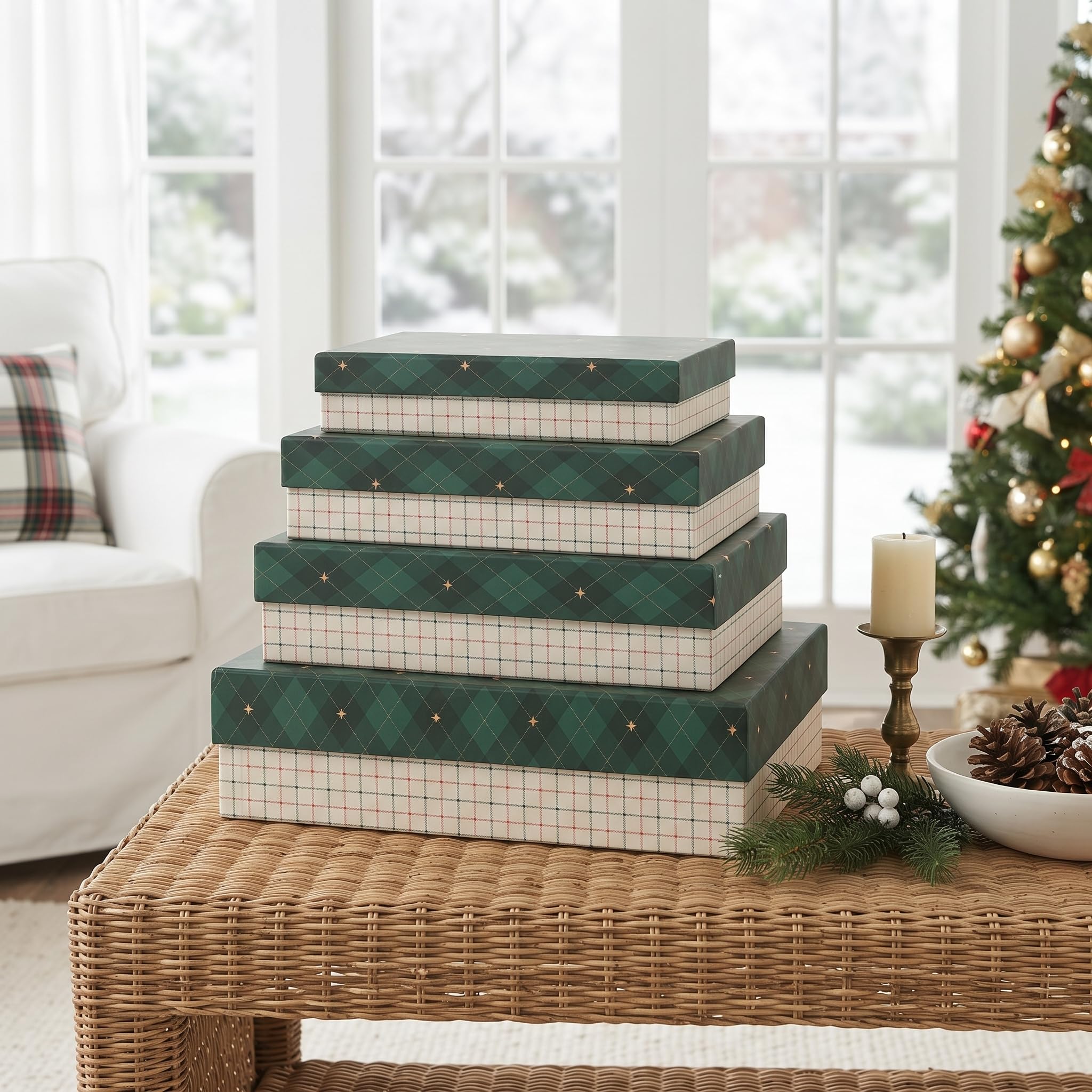 Soul & Lane - Lot de 4 boîtes cadeaux de Noël à carreaux avec couvercles, boîtes de vacances