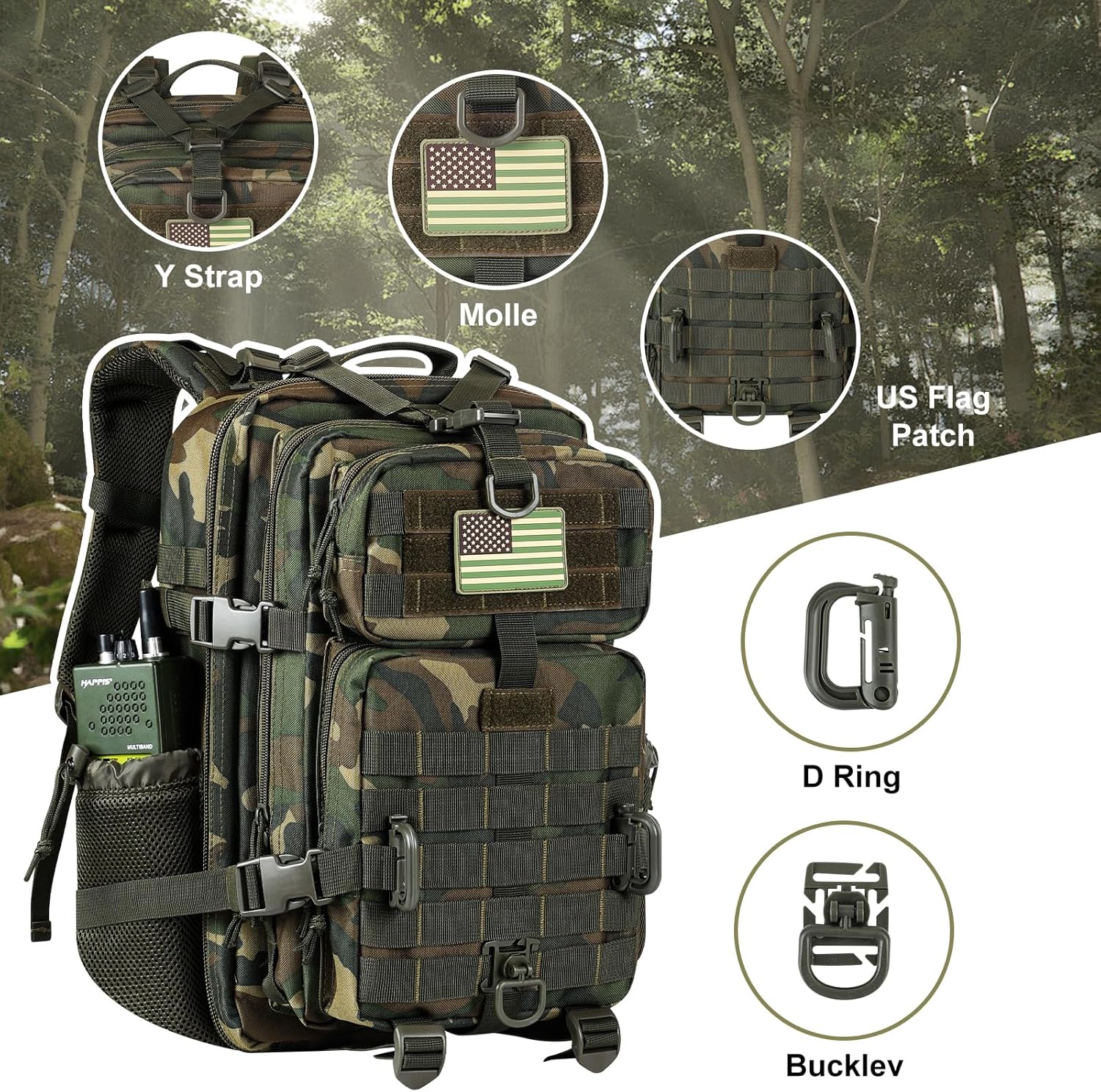 30L MOLLE Assault Pack, Tactical Backpack Military Army Camping Rucksack with Bottle Holder, 3-Day Pack, US Woodland - Image 4