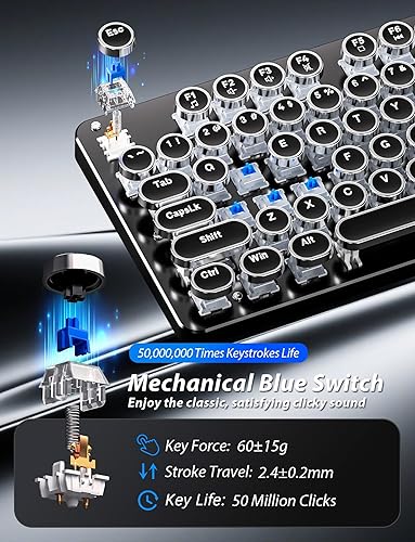 Miniatura 3 de Teclado mecánico y mouse para juegos de máquina de escribir, panel de metal, teclados retro con tecla redonda, interruptor azul, retroiluminación