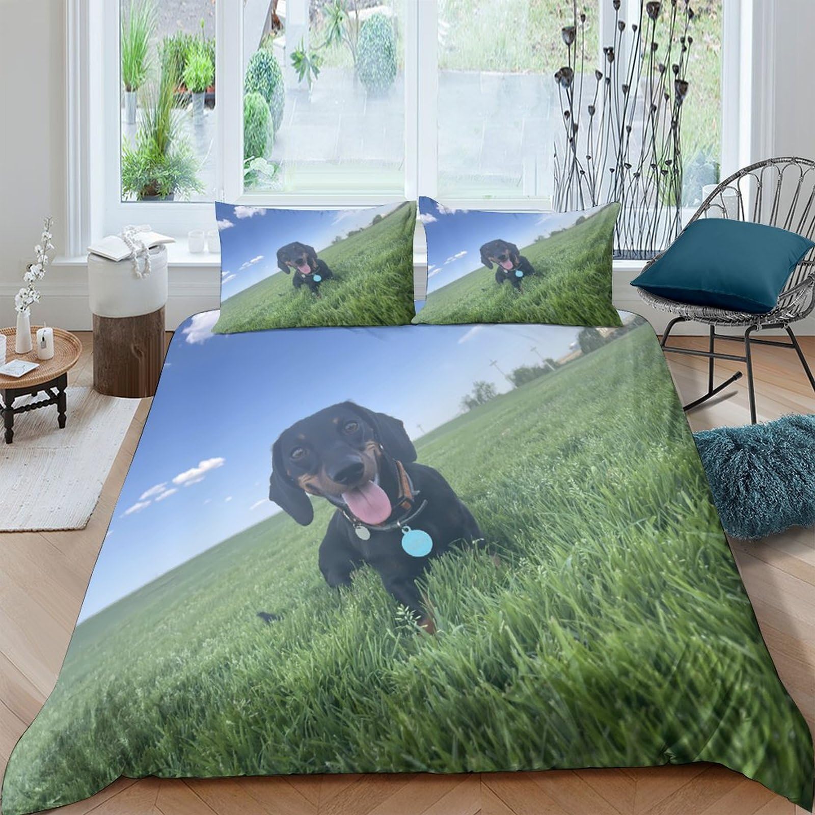 Ctjqhvkz Style-9 3D Printed Black Dachshund Dog Fitted Sheet Microfiber Soft Blue Sky Field Bed Cover For Bedroom Guest Dorm Decor Single（135X200cm）
