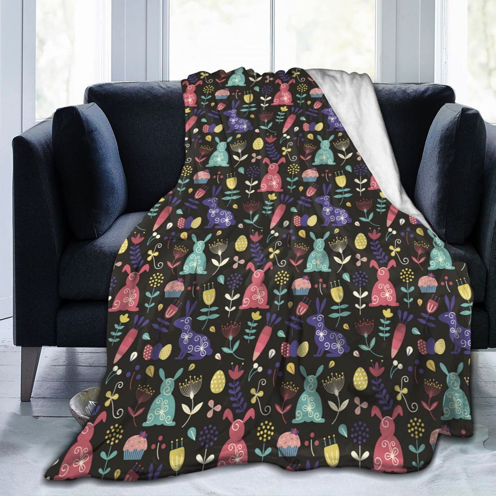 Lsjuee Flowers and Easter Bunny Throw Blanket Warm Cozy Lightweight Blankets Easter Gift Flannel Blanket for Sofa Couch Bed Office Holiday Decorative 60"X50"