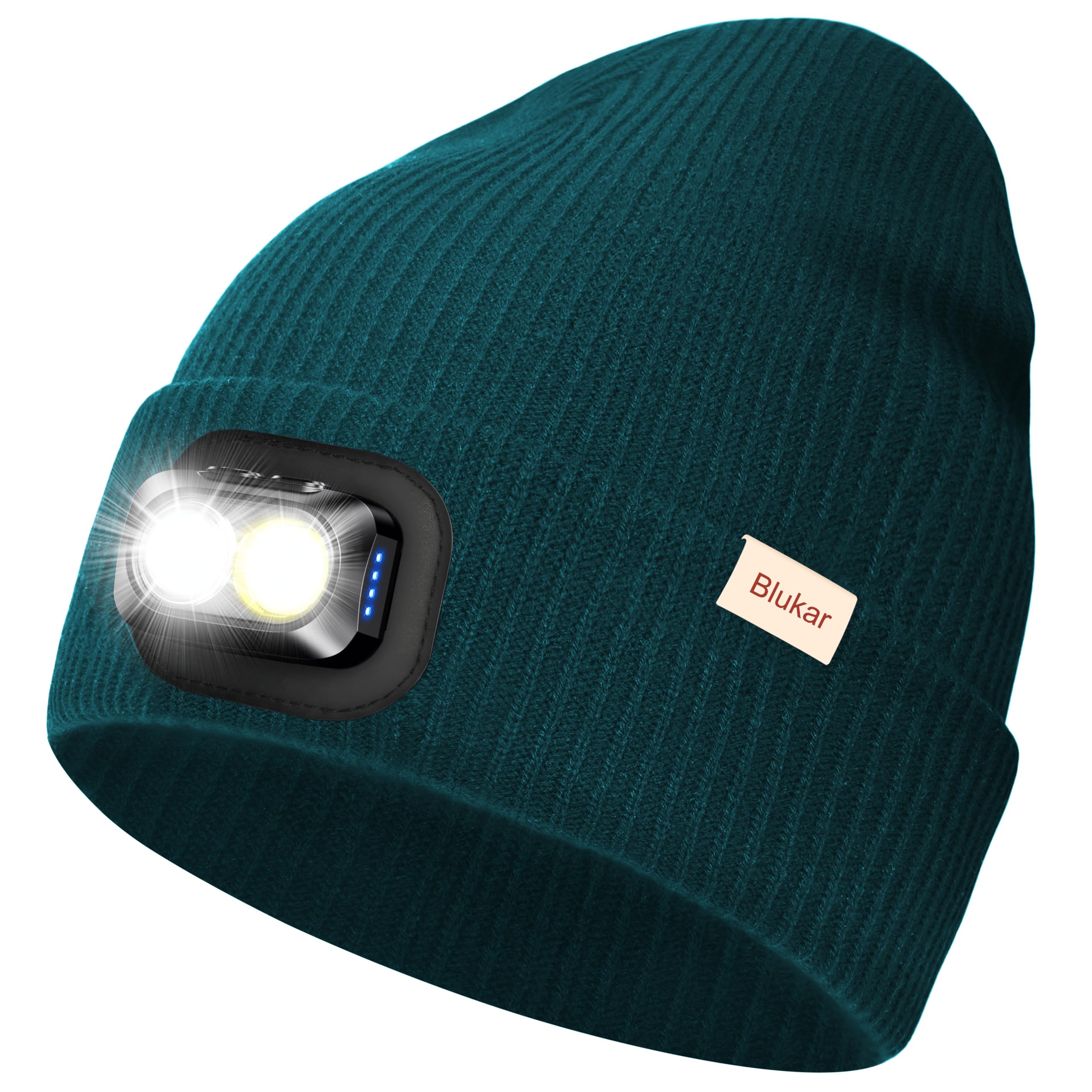 Blukar LED Beanie Beleuchtete Mütze mit Licht, 2 in 1 Extrem Helle Laufmütze mit Lampe, 5 Lichtmodi, Wiederaufladbar, Winter Warme Stirnlampe Geschenke für Damen Herren, inkl. Stirnband, Blaugrün