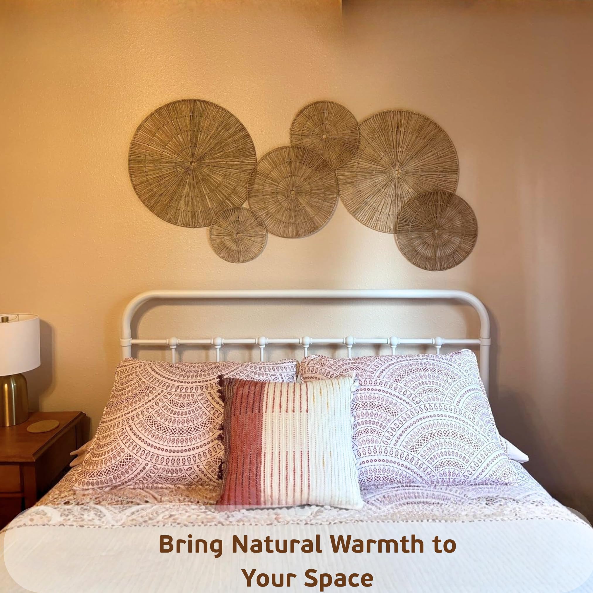 Wicker Wall Decor, Set of 6 pieces 22/21/16/14/12/10", Flat Baskets For Wall Decor,Woven Wall Art for Above Bed Decoration,Boho Decorative Wall Plate With Metal Frame - Gallery view