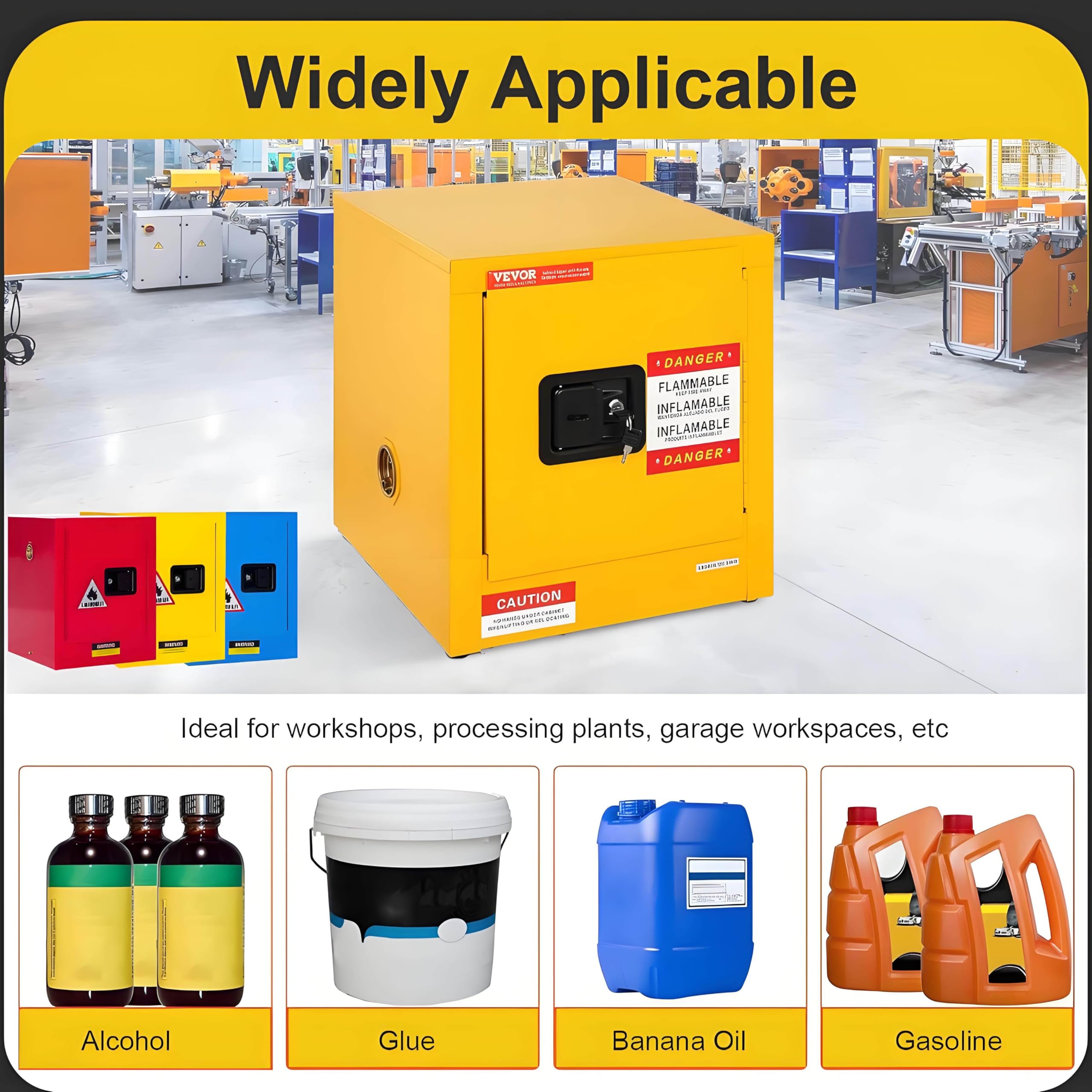 Gabinete de Almacenamiento ignífugo, gabinete de Acero galvanizado para líquidos inflamables, gabinete para líquidos inflamables, para Uso Comercial e Industrial. Yellow-12Gallons