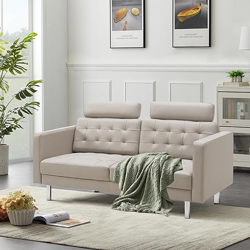 Sofá biplaza de cuero, sofá moderno de mediados de siglo de 72 pulgadas con respaldo ancho y patas de metal, cómodos sofás de dos plazas para sala