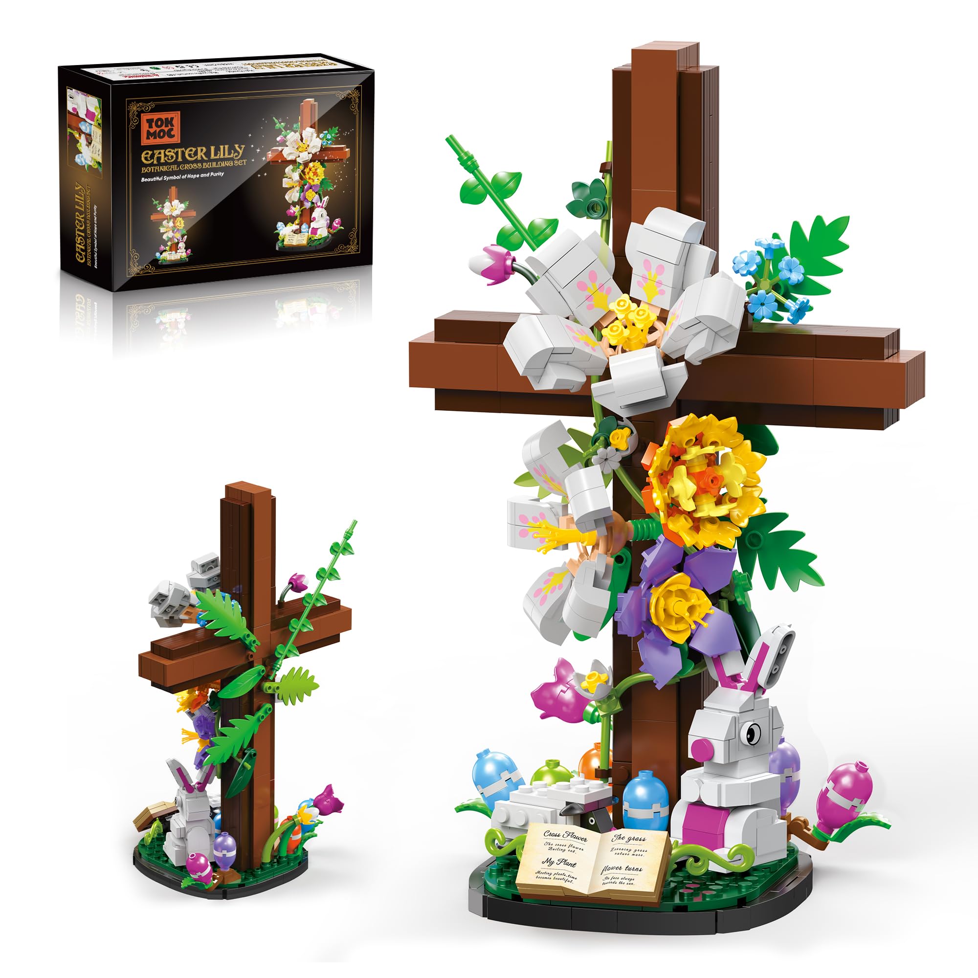 HiDectee Easter Cross Flower Building Blocks Set - Jesus Botanical Lily Cross with Bunny, Lamb & Eggs - Religious Christian Gifts for Women & Adults - Spring Resurrection Home Decor