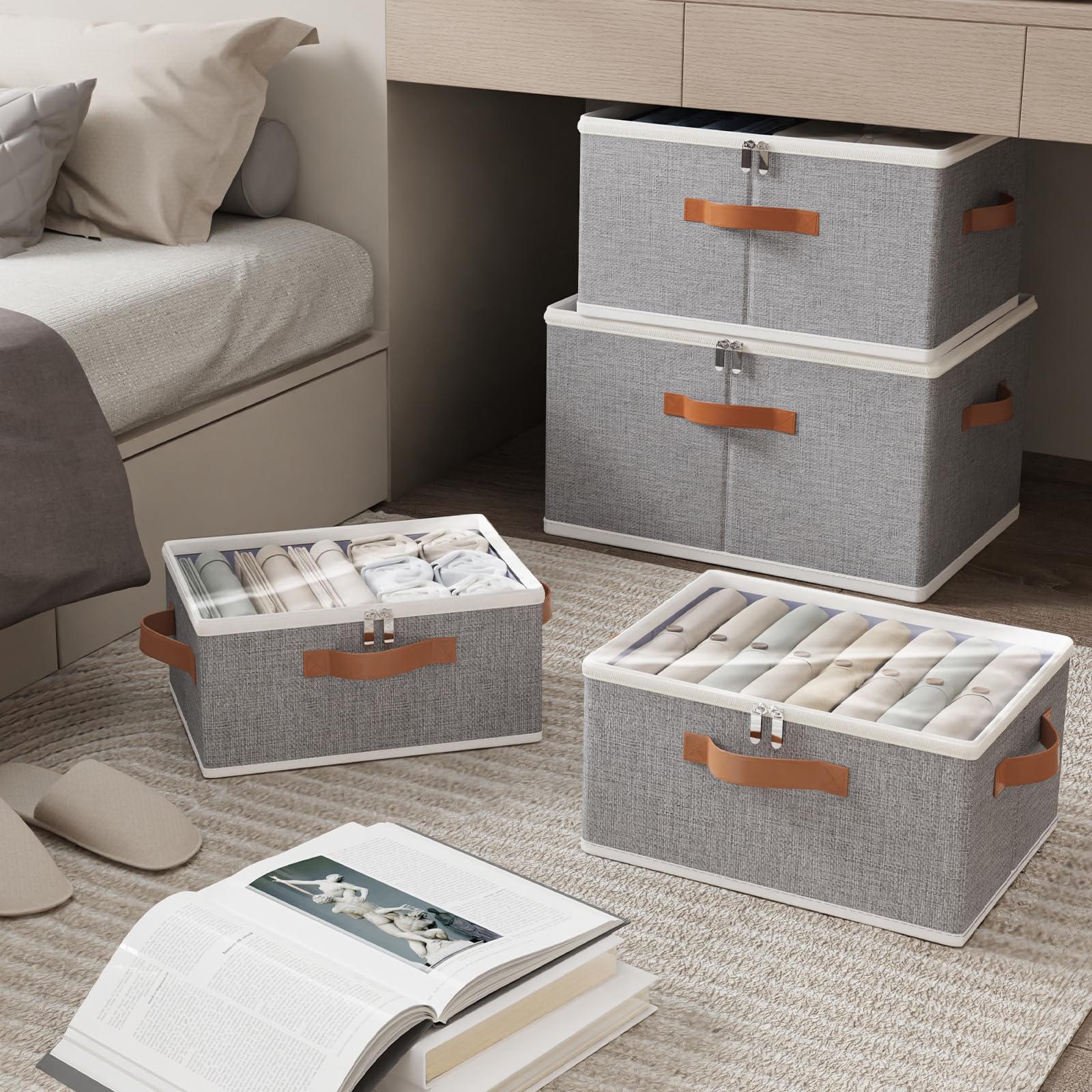 OUTBROS 2 Stück Faltbare aufbewahrungsboxen mit Deckel 50x40x30cm, Grau | Stoffboxen aufbewahrung mit Griff, Kleiderschrank Organizer, Unterbett Aufbewahrungsbox für Kleidung, Decken, Bettdecken