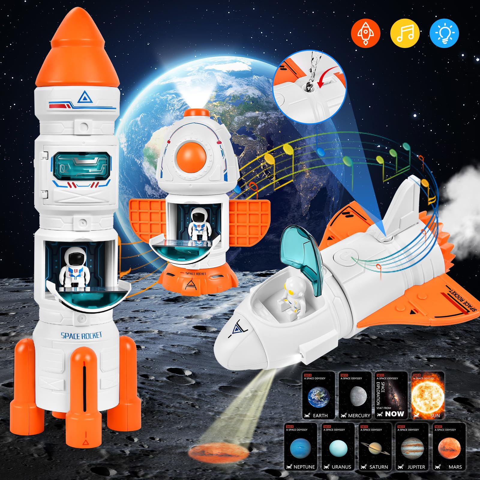 Aragallant Space Raketen Spielzeug für Kinder, Space Shuttle Spielzeug für Kinder 3 4 5 6 7 8 Jahre, Space Shuttle Rakete Raketenwerfer Projektionslampe, Weltraumspielzeug Geschenk für Jungen Mädchen