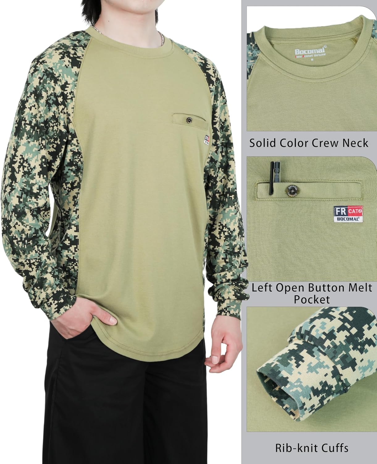 BOCOMAL FR Shirts Crewneck Camo Two-Tone 5.5oz Lightweight Melt Pocket Flame Resistant Long Sleeve Welding Shirt - Image 5