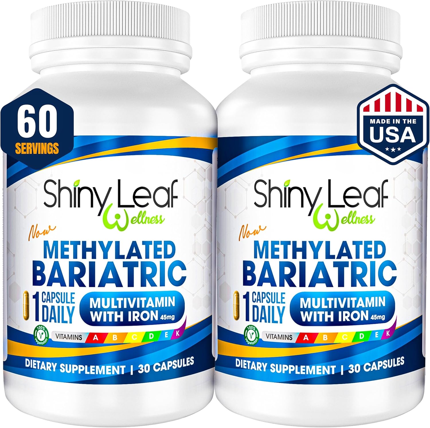 Shiny Leaf Methylated Bariatric Multivitamin with Iron 45mg – Once Daily Capsule, USA Made, ASMBS Compliant Bariatric Vitamins for Gastric Bypass & Gastric Sleeve, for Men & Women, GMP – 60 Caps