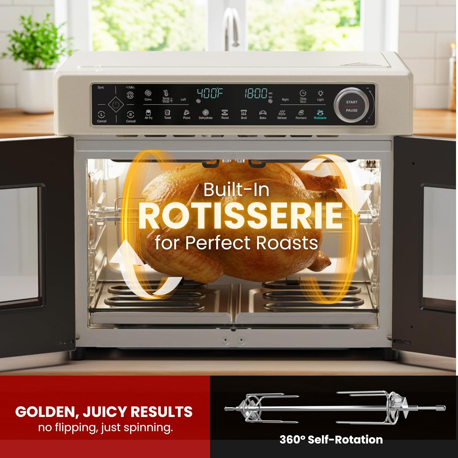 Magic Mill MTO-870 Air Fryer Toaster Oven with a whole chicken rotating on the built-in rotisserie spit