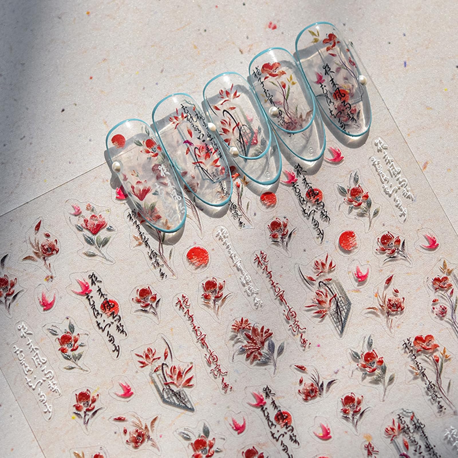 Vintage Red Flower Nail Art Stickers for Acrylic Nails Decoration Green Leaf Nail Decals 5D Embossed Self-Adhesive Nail Design Stickers for Women DIY