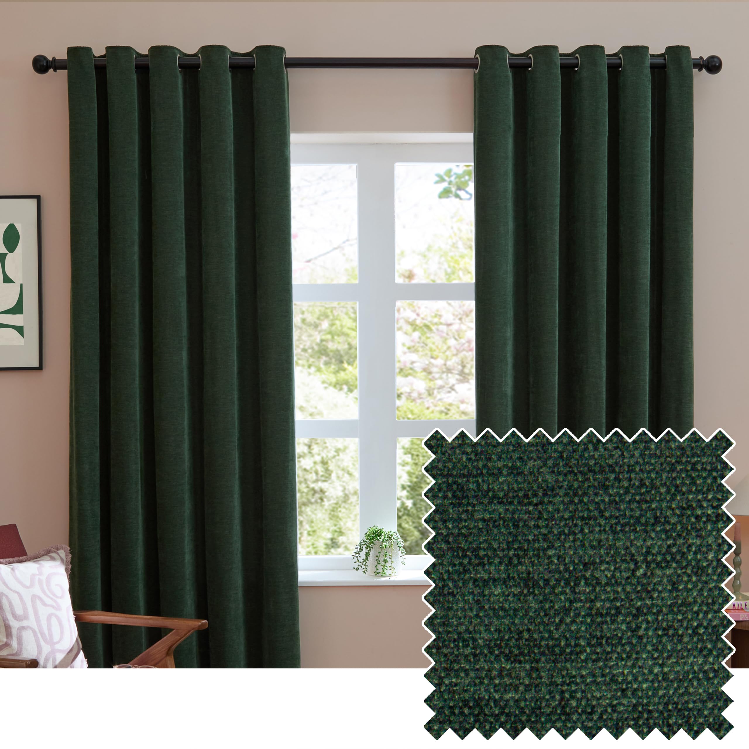 furn. Soft Chenille Blackout Eyelet Curtain Pair – Soft Touch Matt Textured Lined Minimalist Curtains (Bottle - 229x137cm)