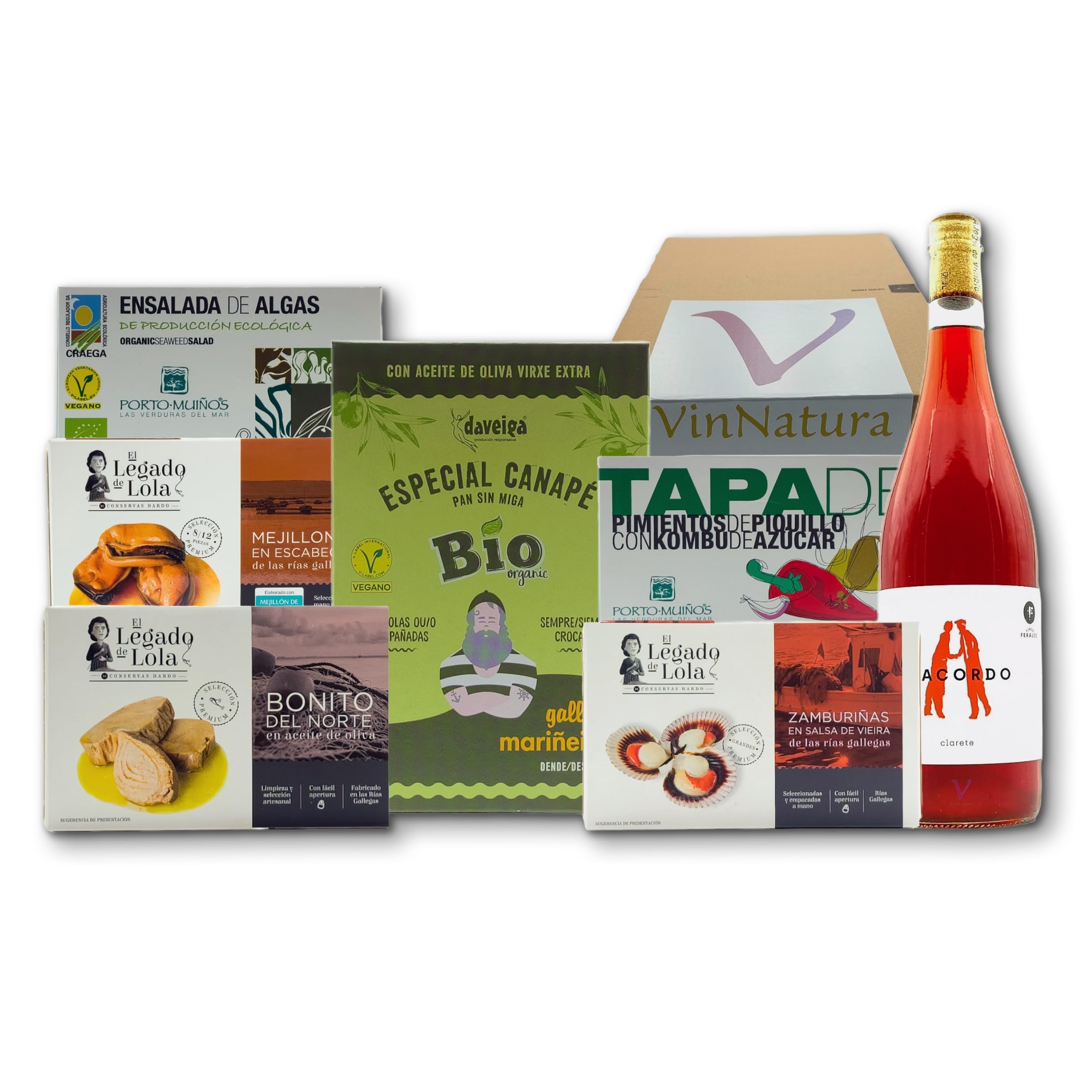 Caja Regalo Ons de VinNatura con Conservas Gourmet y Vino Rosado Natural | Regalo gourmet gallego, regalos de empresa, cesta con vino, elaboración tradicional, tarjeta personalizable