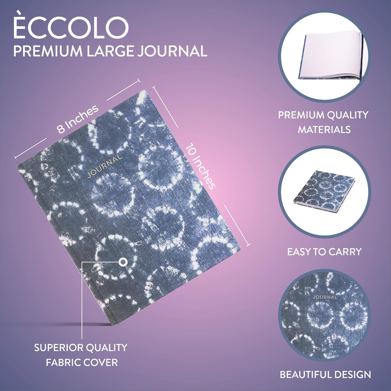 Eccolo Large Lined Journal Notebook, Hardbound Fabric Cover, Writing Journal, 256 Ruled White Pages, Ribbon Bookmark, Lay Flat, Desk Size for Work or School, Shibori Circles (Denim Blue, 8x10 inches)