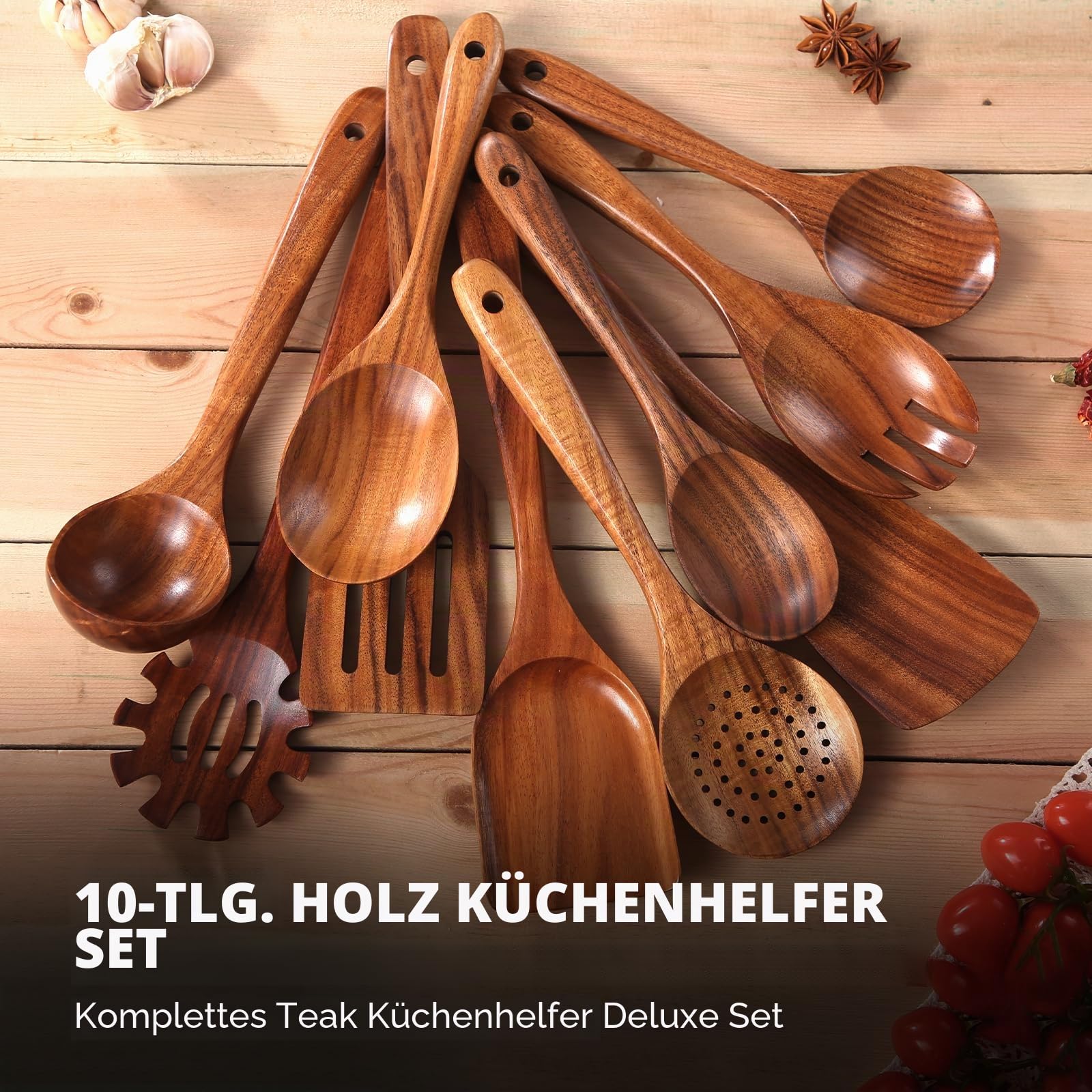 AIUHI 10-teiliges Teakholz-Küchenutensilien-Set, Holzutensilien zum Kochen, antihaftbeschichtetes Küchen-Pfannenwender-Set zum Kochen und Servieren