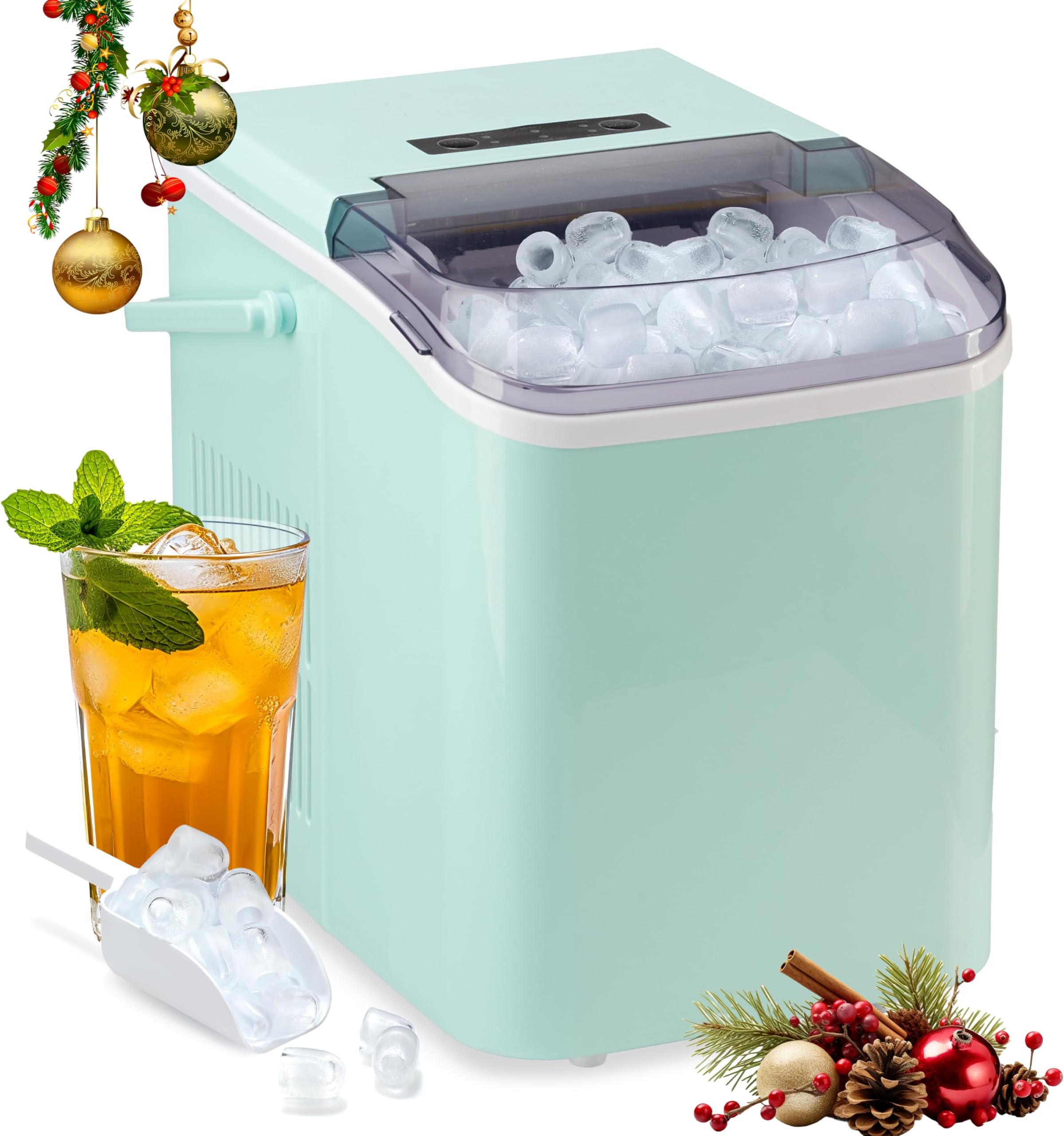 HealSmart Countertop Ice Maker Machine, Fast Making 9 Ice Cubes in 6 Minutes, Self-Cleaning with Scoop, Basket & Handle, 26.5lbs/24Hrs, 2 Sizes Bullet Ice, Portable for Kitchen, Office, Party, Green