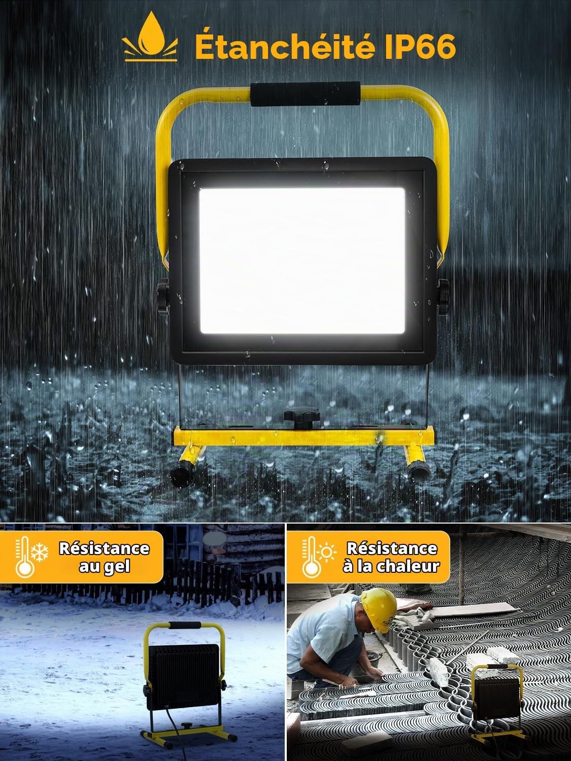 Projecteur LED Chantier 100W, 10000LM Blanc Froid, Étanche IP66, Portable avec Câble de 9.84FT, Aluminium et Verre, Moderne, Pour Extérieur, Garage, Atelier