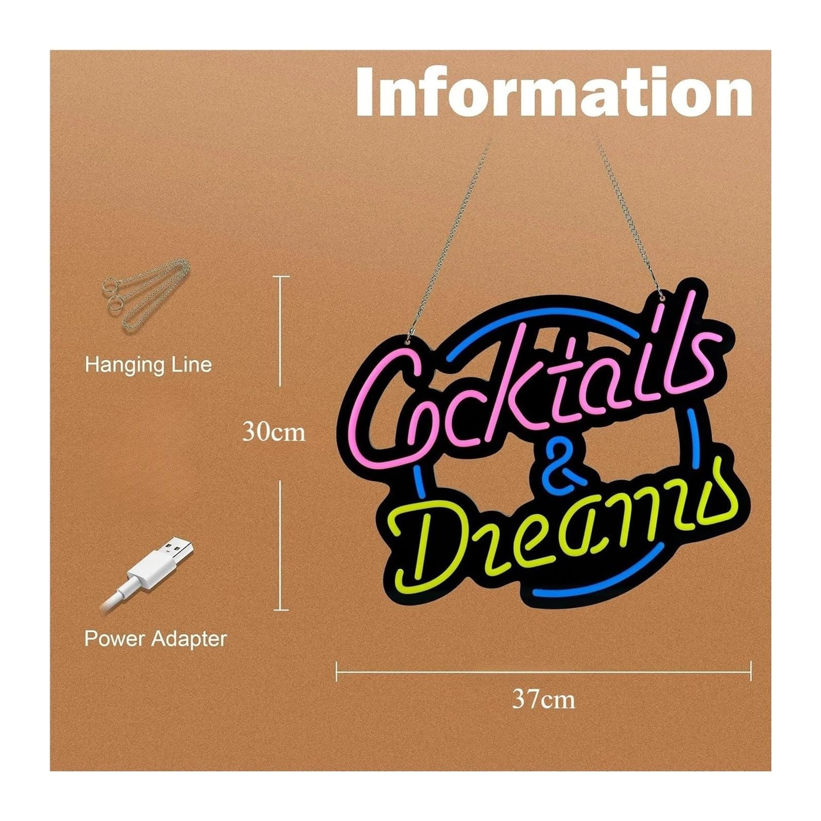 Luces de neón Letrero De Neón Cocktails Dreams Con Luz Alimentada Por USB Para Ventanas, Hoteles, Pubs, Cafeterías, Bodas, Fiestas De Cumpleaños, Decoración De Pared