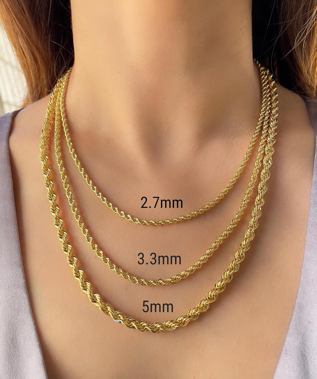 JEWELHEART 14K Real Gold Rope Chain For Men - 2.7mm 3.3mm 5mm Sturdy Thick Diamond Cut Twist Link Chain Necklace - Yellow Gold Pendant Necklace For Women with Lobster Clasp 16" 18" 20" 22" 24" - Image 3