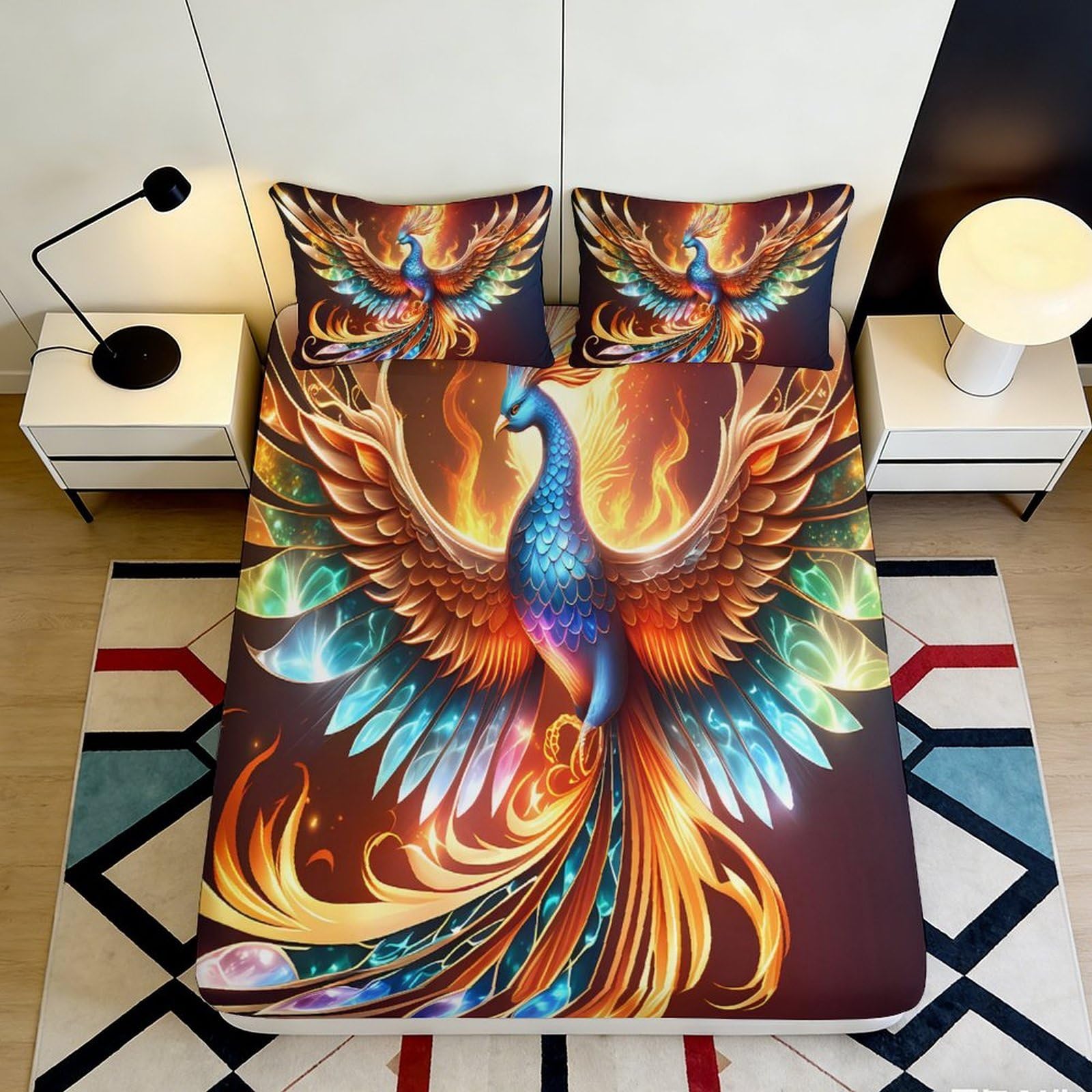 3D Printed Fire Phoenix Fitted Sheet Microfiber Vibrant Bird Mattress Cover for Bedroom Guest Room Décor, Easy Care 160x200x25cm