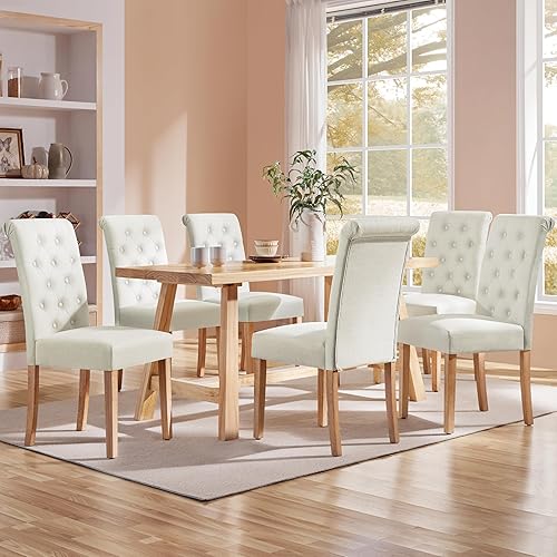Miniatura 2 de Yaheetech Juego de 6 Sillas de Comedor Tapizadas en Tela con Respaldo Alto Abotonado y Patas de Madera Maciza para Cocina/Sala de Estar/Restaurante,