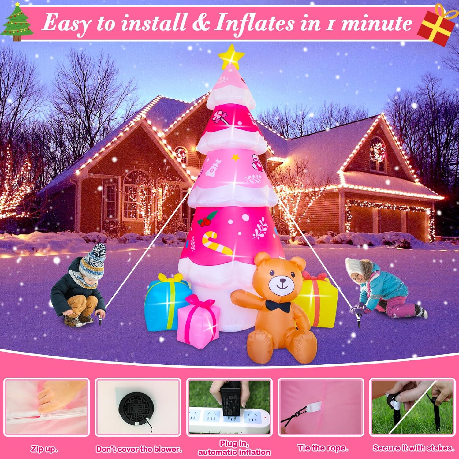 Spinosaurus 8 FT Christmas Inflatable Outdoor Decoration,Pink Inflatable Tree Blow Up Bear Christmas Decor for Xmas Party Yard,Garden Decor