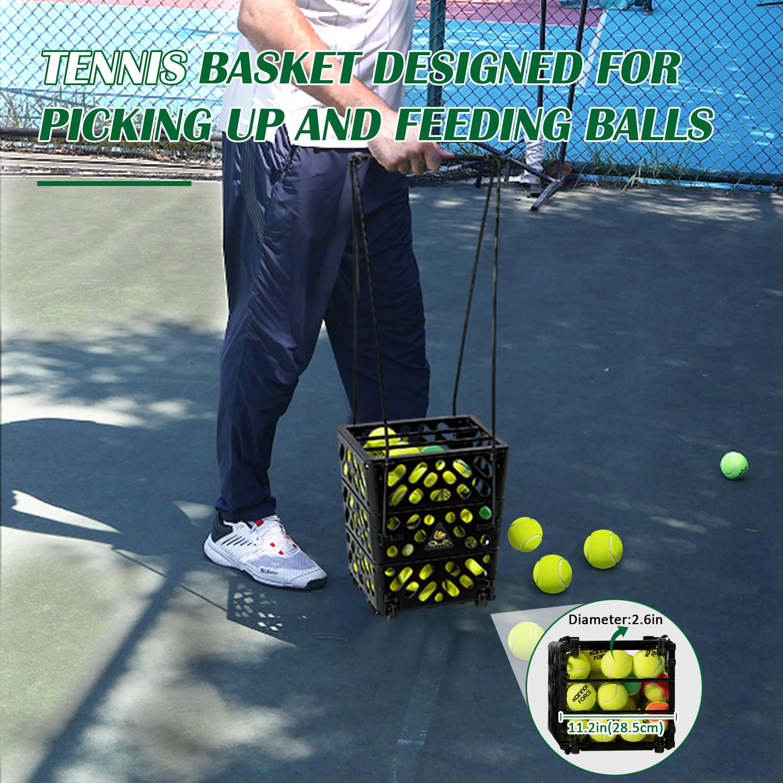 Tennisball-Hüpfer mit Rädern, 60 Bälle Kapazität, leichter Sammler, kein Biegen, freihändiges Ballabholwerkzeug für Training und Platz