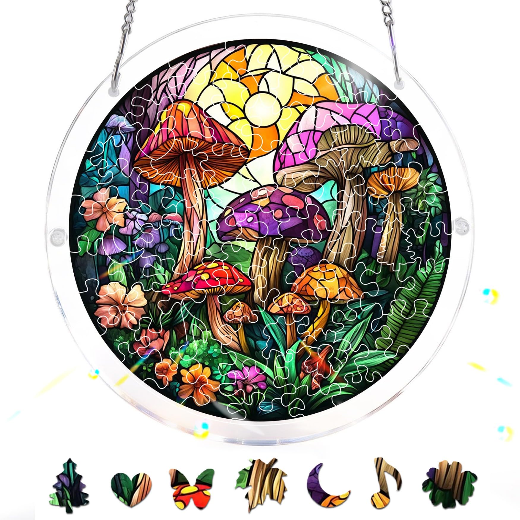 Zariocy Mushroom Acrylic Jigsaw Puzzle Suncatcher - Stained Glass Window Hanging - Creative Home Decor - 83 Piece Puzzle & Pendant Combo - Ideal for Mom, Wife, Aunt Gift 18x18 cm-44
