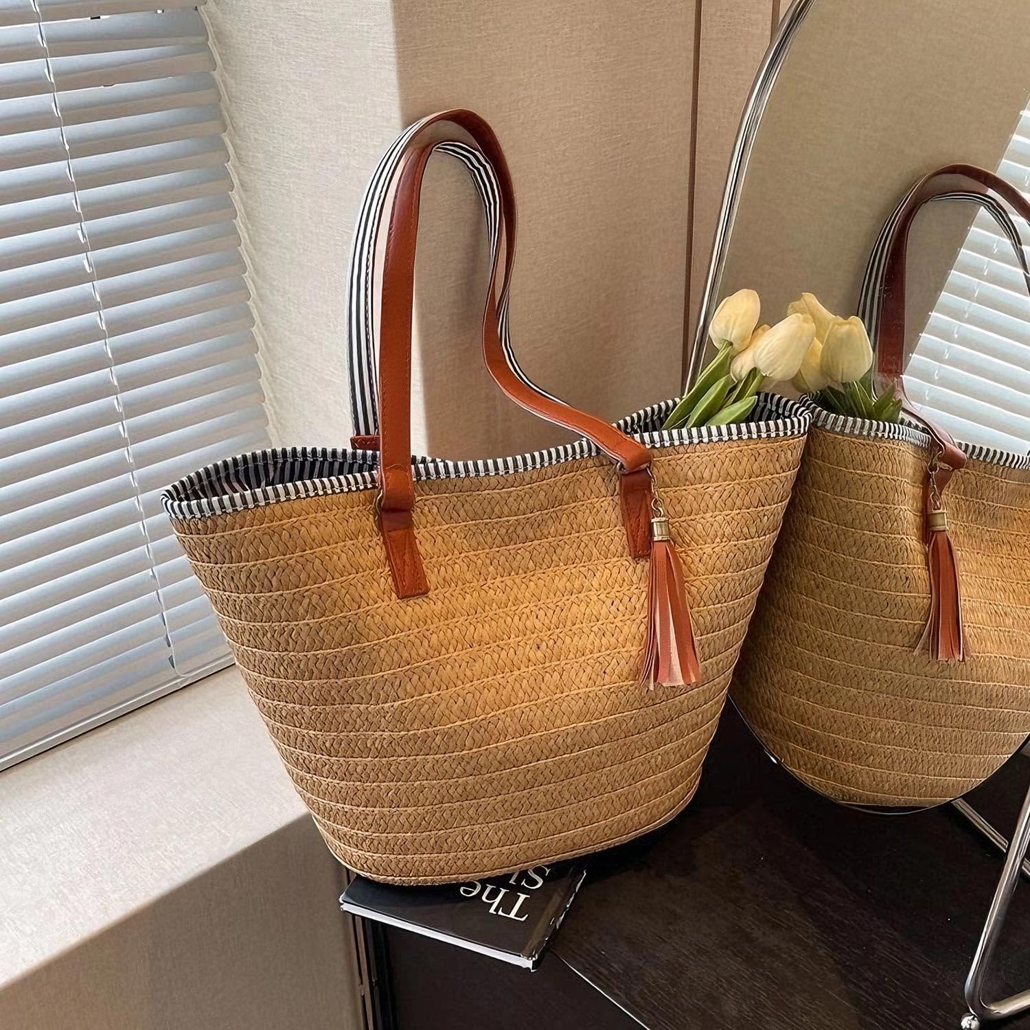 Pahajim Sac de Plage Femme avec Fermeture Tote Bag Grande Sac de Paille Tricotage à la Main Boho Style pour les Voyages, les Vacances, le Shopping(Marron)
