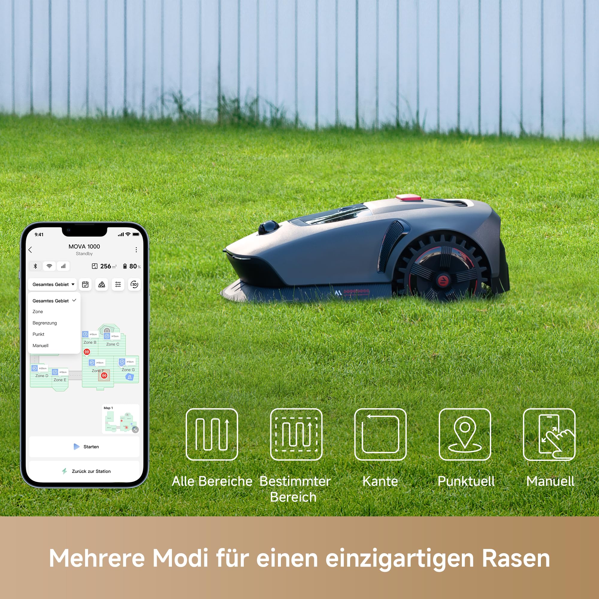 MOVA 1000, Mähroboter 360° 3D LiDAR kabellose Einrichtung & genaue Kartierung bis 1000 m², Mähroboter ohne Begrenzungskabel, Smarte Hindernisvermeidung, Verbesserte Geländeräder, U-förmiges Schneiden