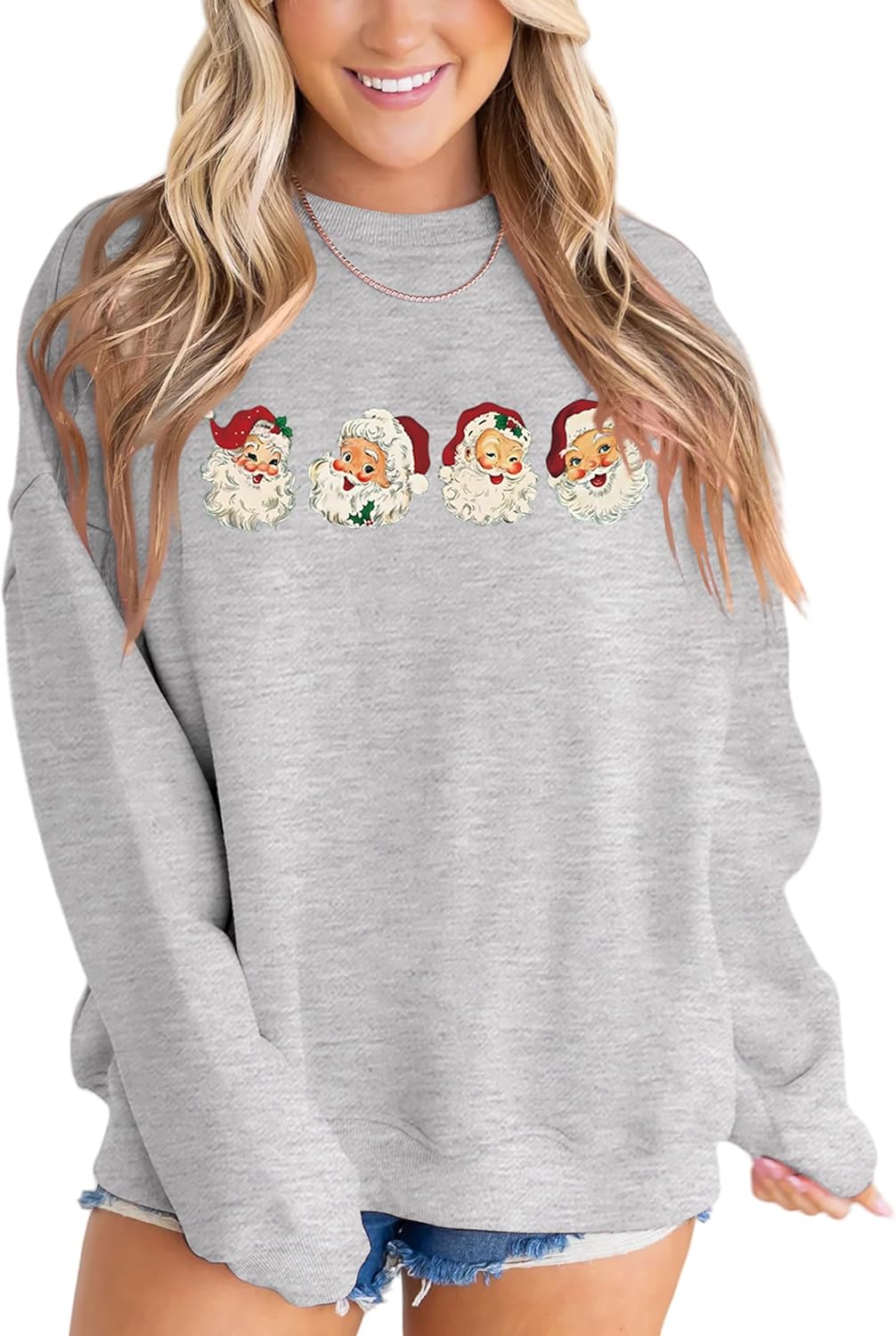 MAPICK Retro Santa Sweatshirt for Women Vintage Christmas Fleece Linend Sweaters Crewneck Oversized Long Sleeve Tops