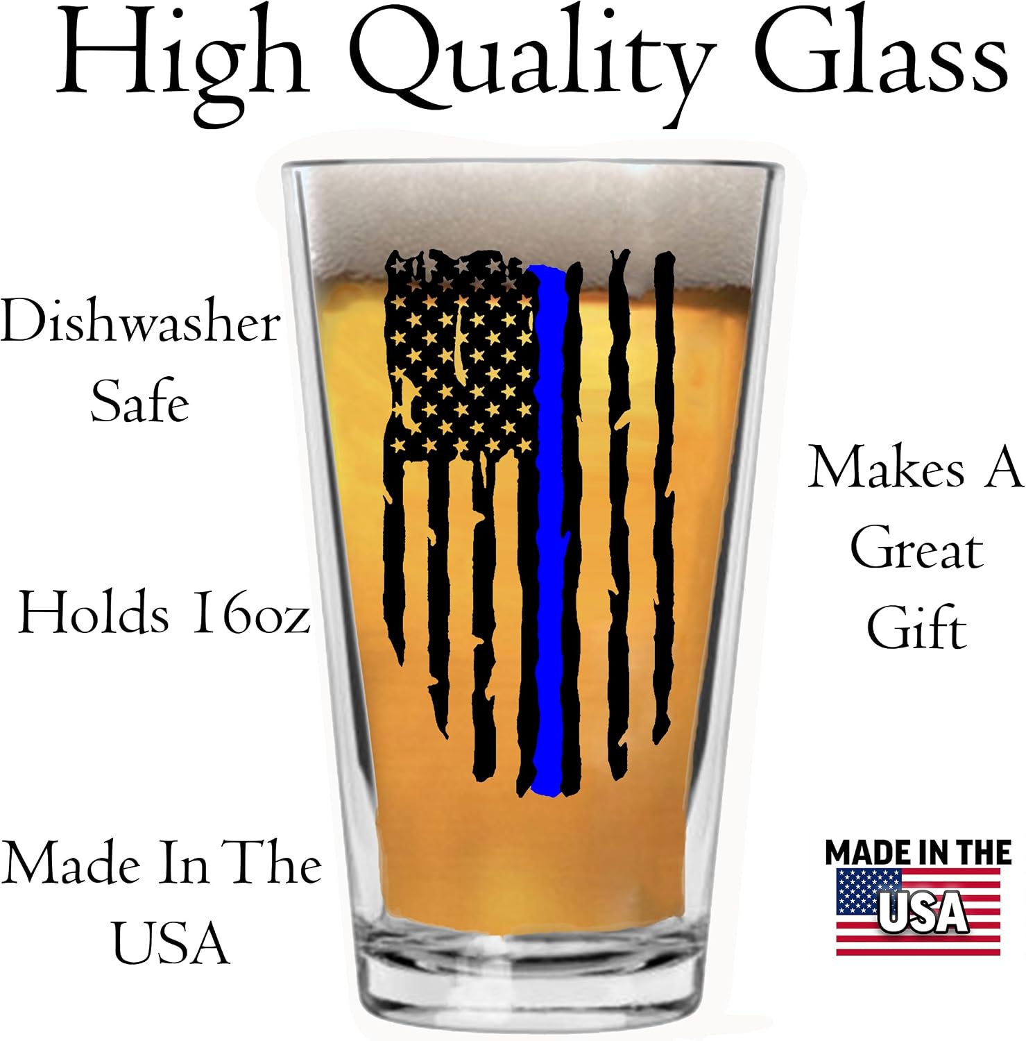 Rogue River Tactical Blue Line Flag Beer Glass Drinking Cup Pint 16oz Pub Gift For Police Officer Law Enforcement (Blue Line)