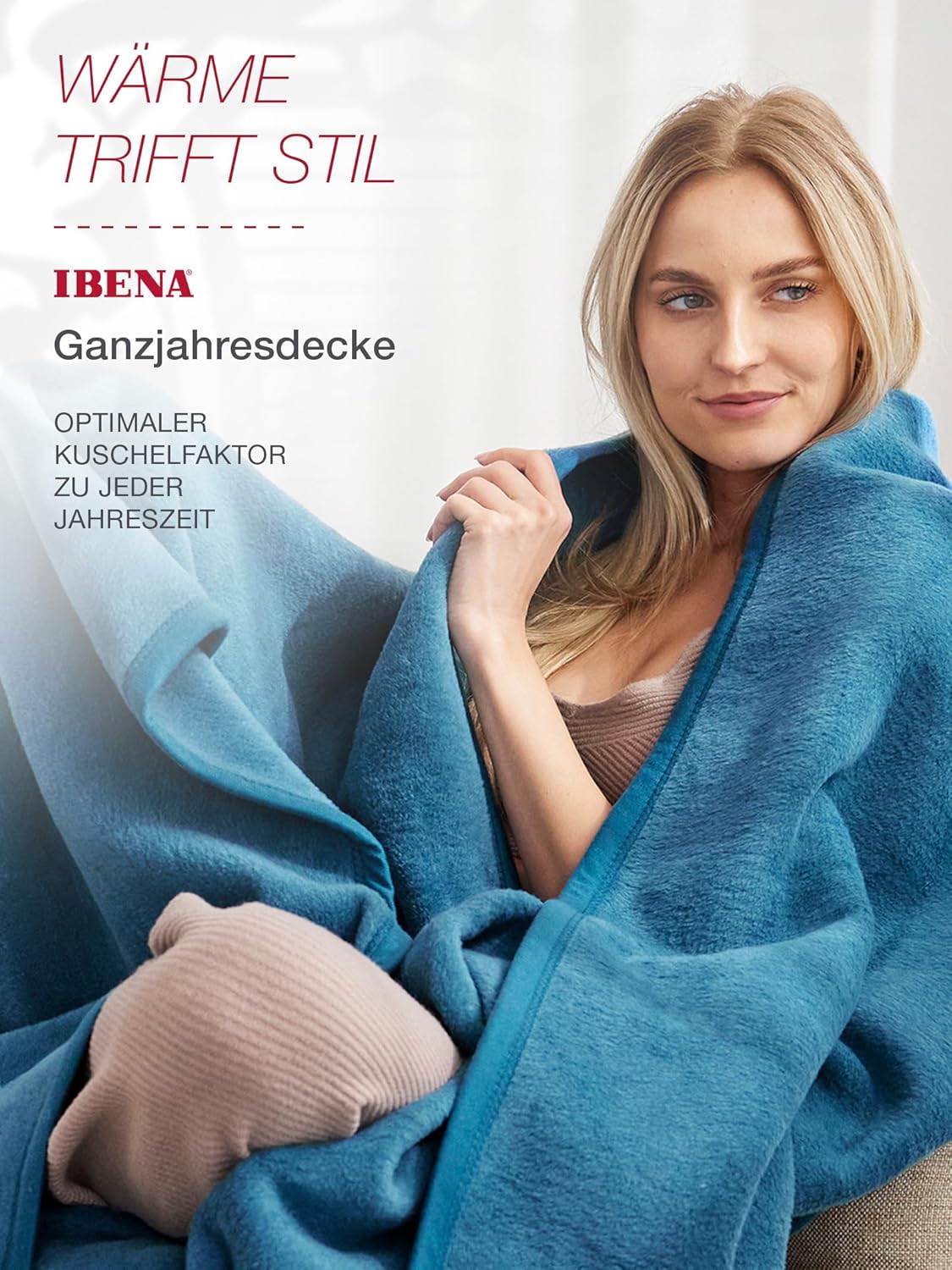 IBENA Plush Solid Color Cotton Blend Throw Blanket Porto - Teal