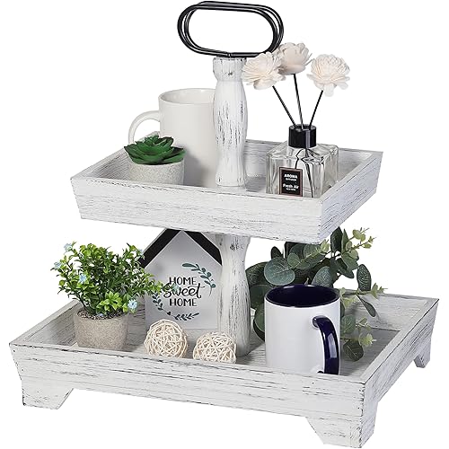 Eufrozy Farmhouse Tiered Tray Stand Wood, Rustic Tiered Tray Decor Holder 2 Tiered Decorative Wooden Serving Tray Rectangular with Metal Handle for Kitchen Table Decor Housewarming Gifts White