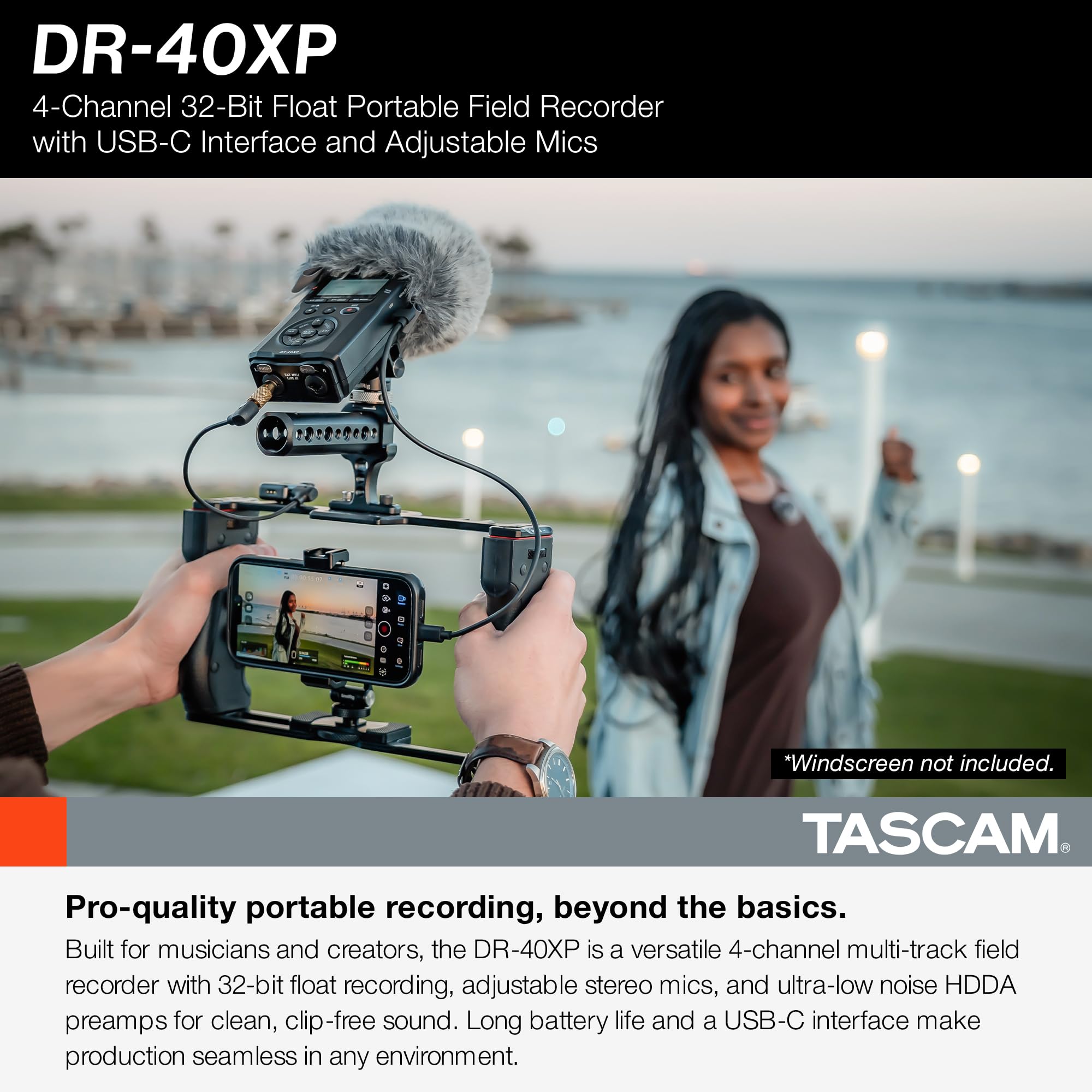TASCAM DR-40XP Enregistreur de terrain portable 4 canaux 32 bits virgule flottante et interface audio USB-C — avec 2 entrées XLR/TRS et microphones réglables pour la musique, l'audio pour la vidéo et