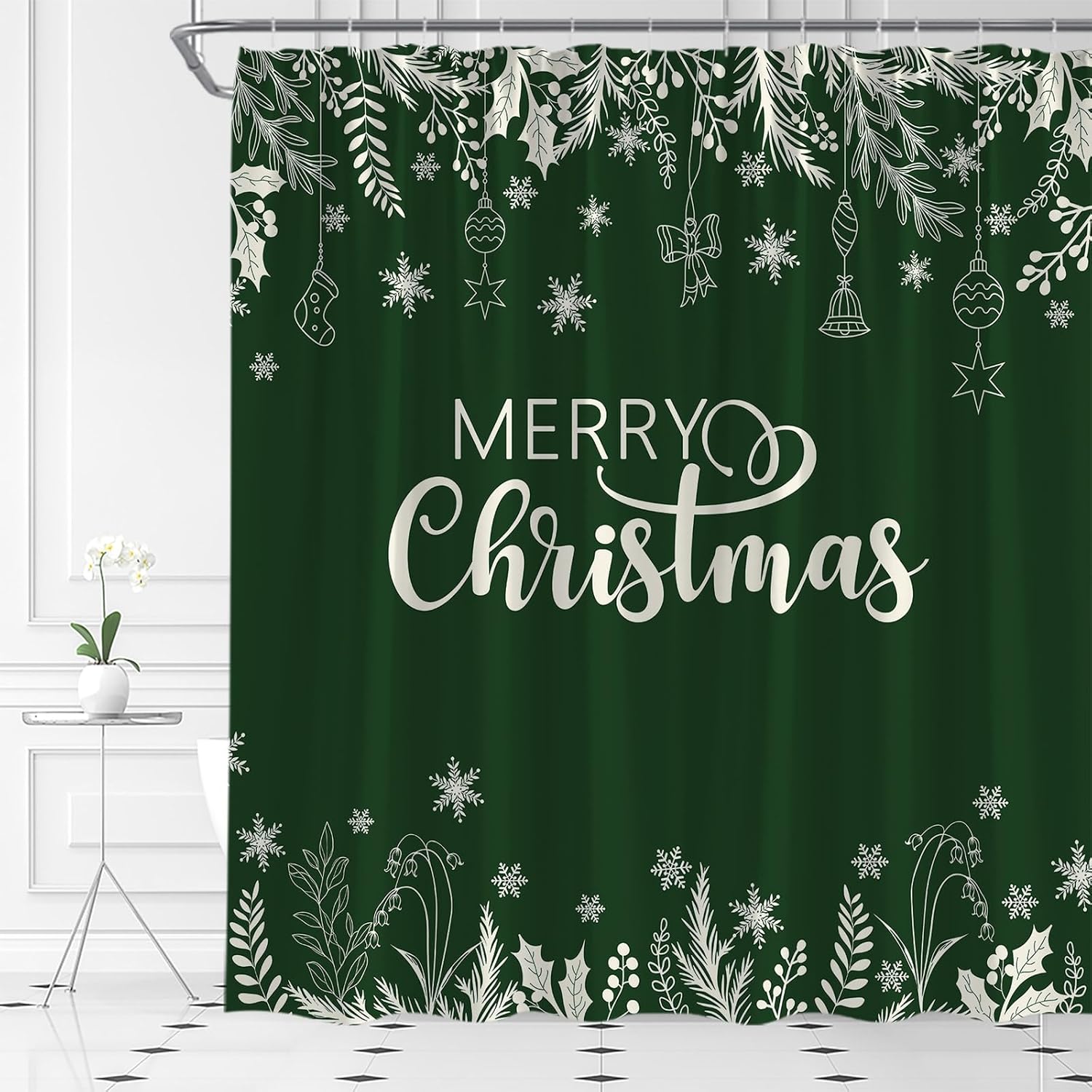 Merry Christmas Shower Curtain Green Holly Winter Snowflake Xmas Ball Bow Holiday New Year Bathroom Curtain Fabric with Hooks(84" Wx70 H)