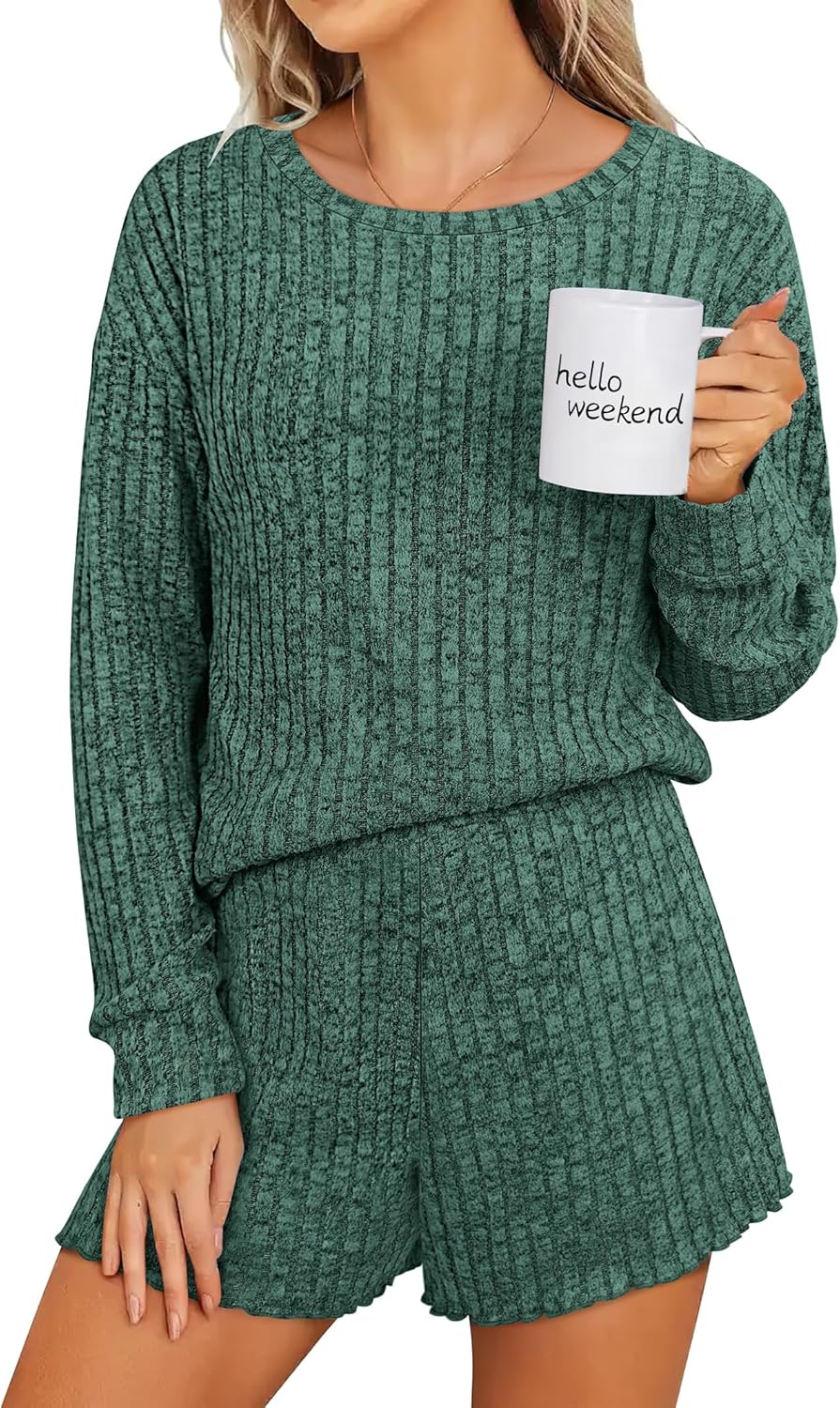 ANRABESS Women's 2 Piece Lounge Pajama Sets Casual Ribbed Long Sleeve Top Matching Shorts Sleepwear PJ Set 2025 Fall Outfits - Image 2