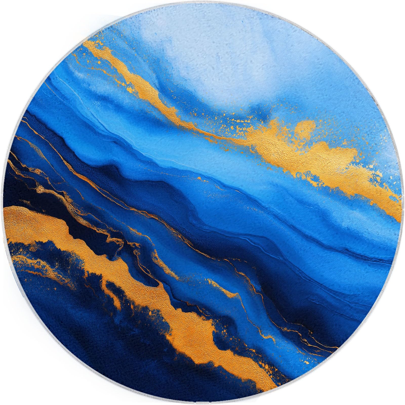 Générique Tapis Rond Salon 180 cm Texture Bleu Or Abstrait, Tapis de Sol décoration marbre Encre antidérapant Coureur - pour Chambre Cuisine Balcon terrasse Salon Salle à Manger intérieur extérieur